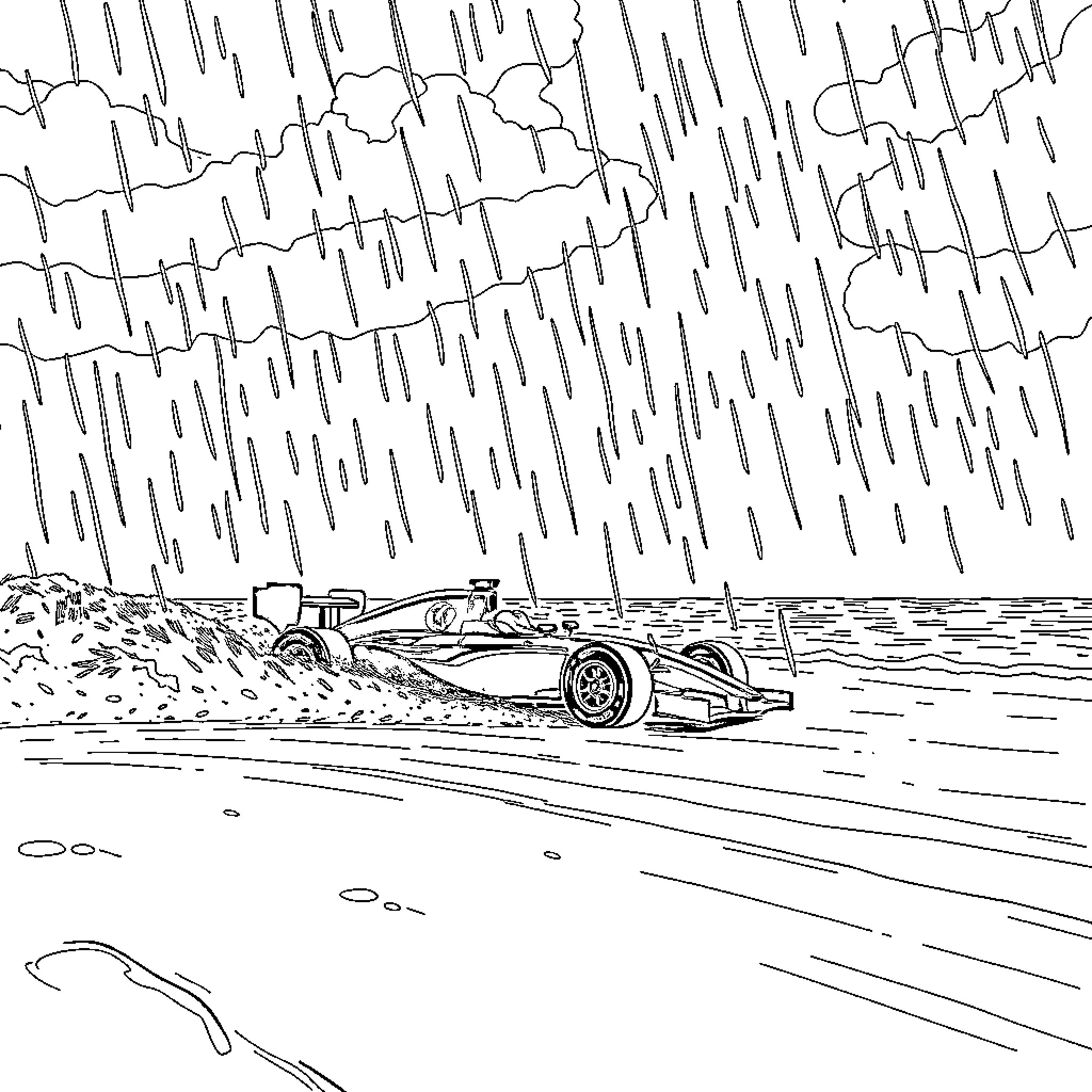 Racecar speeding through stormy weather Coloring Page (free black-and-white line drawing printable PDF for all, from beginners to advanced learners, including children, teens, adults, and seniors)