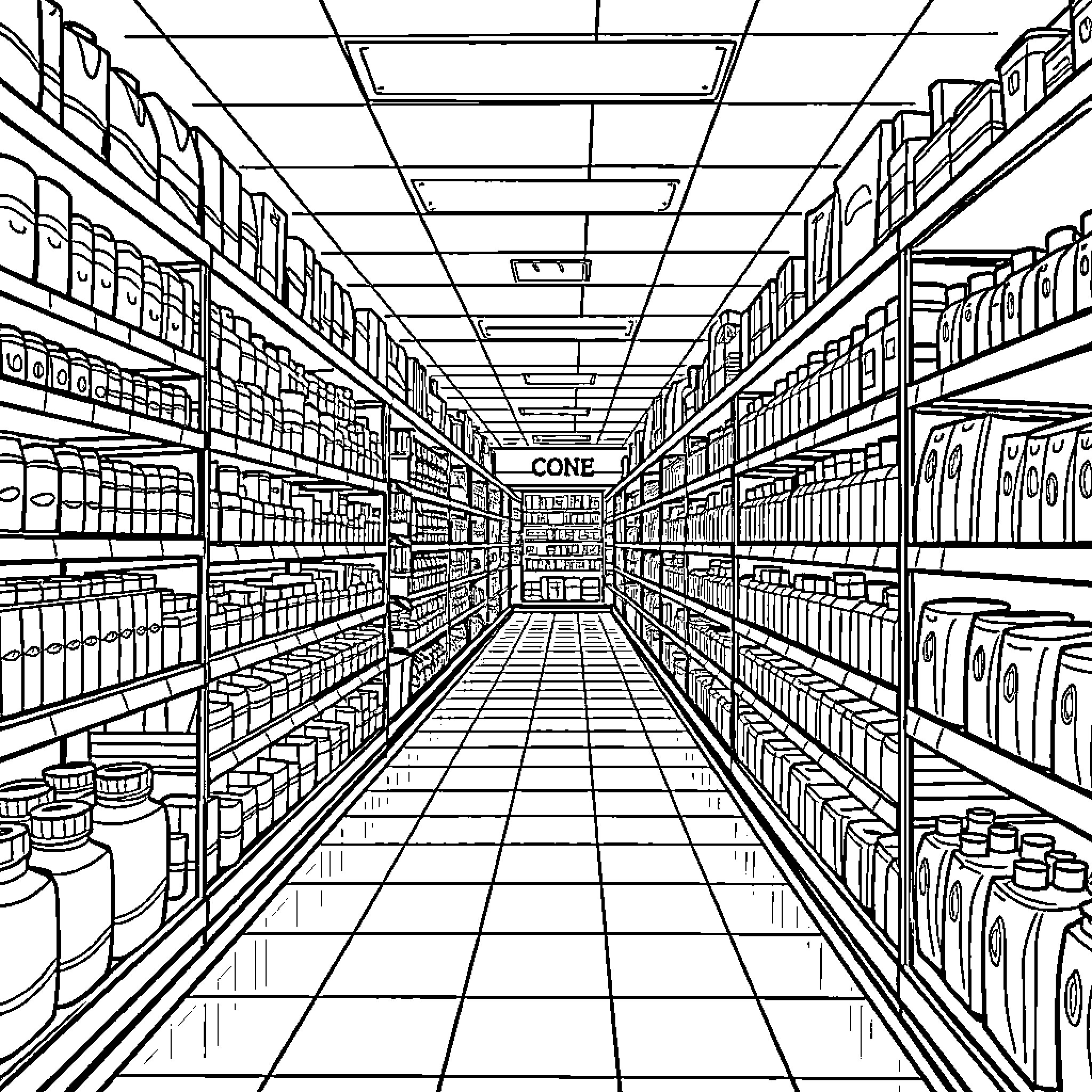 Aisle through a Busy Supermarket Coloring Page (free black-and-white line drawing printable PDF for all, from beginners to advanced learners, including children, teens, adults, and seniors)