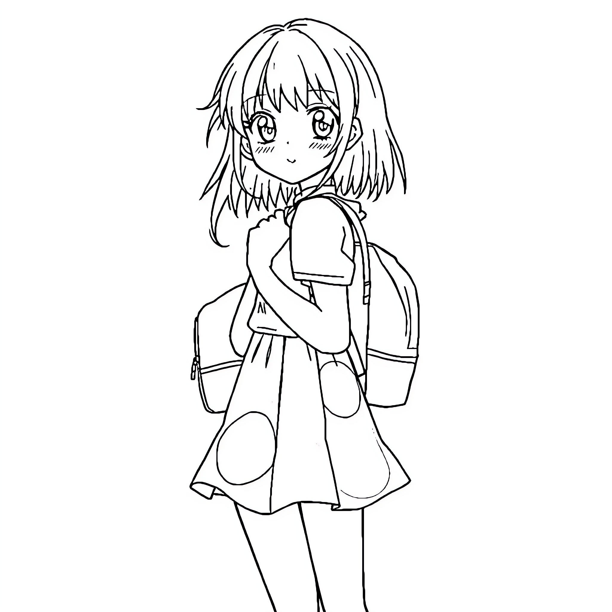 Anime Girl with Backpack in Casual Outfit Coloring Page (free black-and-white line drawing printable PDF for all, from beginners to advanced learners, including children, teens, adults, and seniors)