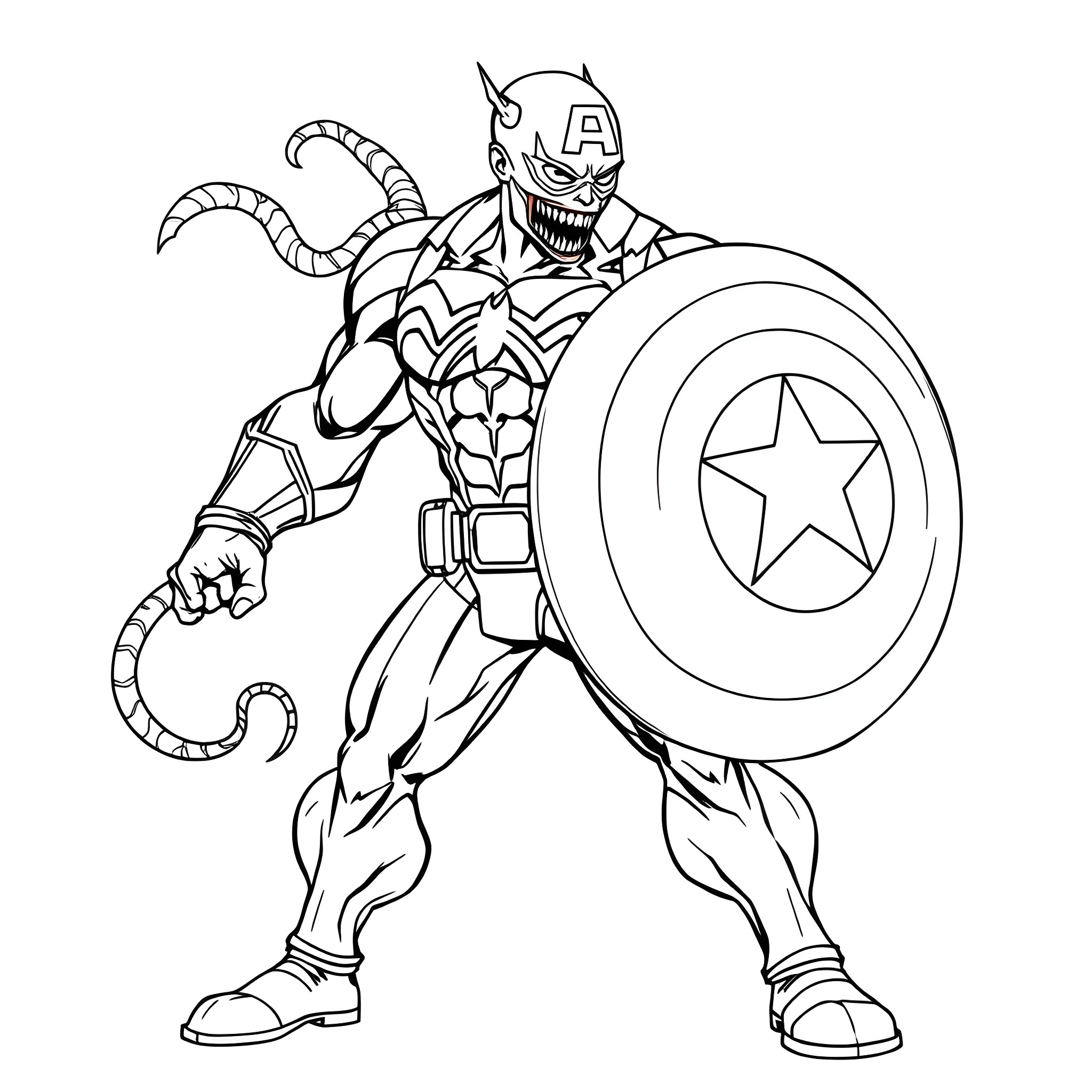 Captain Venom Battles with Shield and Claws Coloring Page (free black-and-white line drawing printable PDF for all, from beginners to advanced learners, including children, teens, adults, and seniors)
