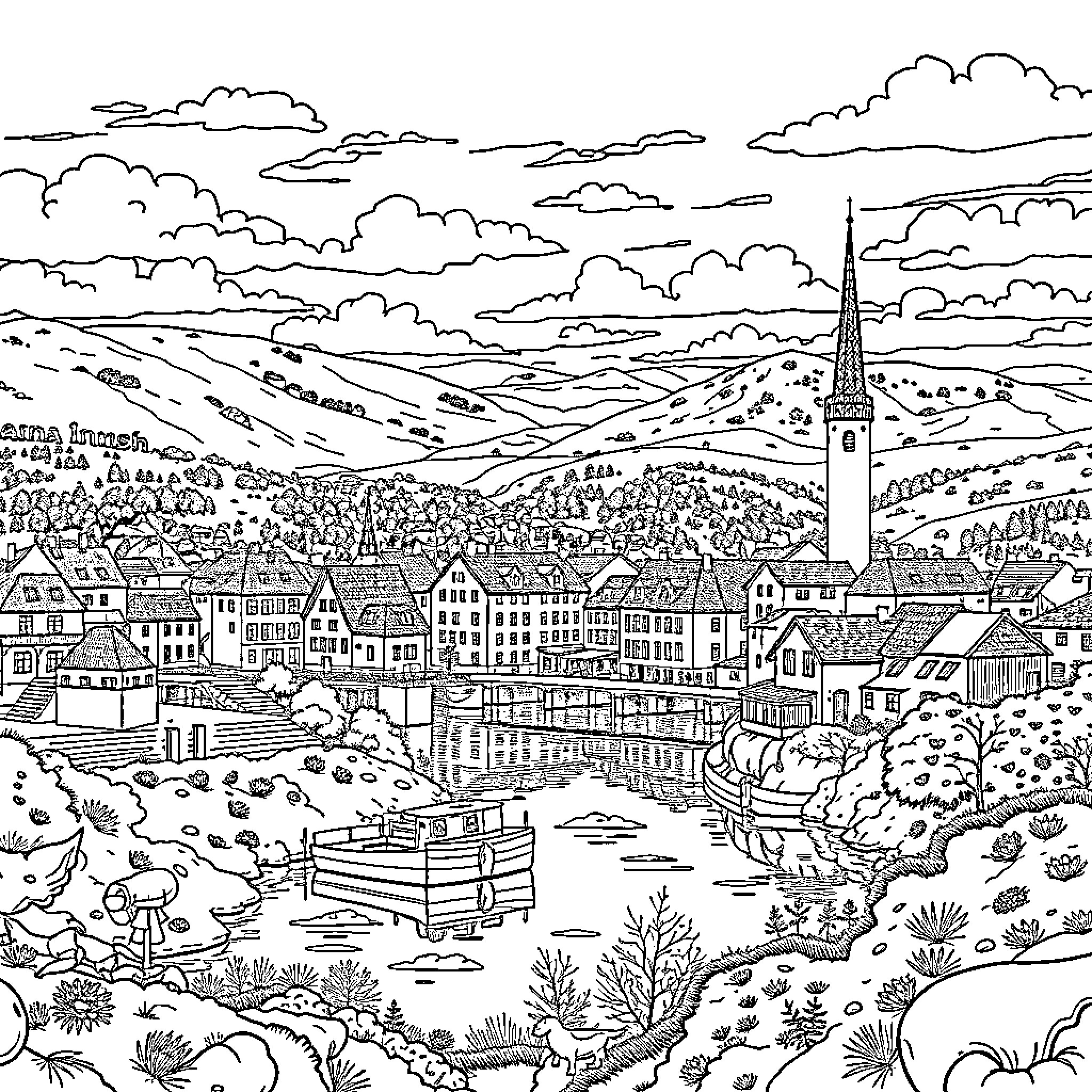 Sweden: Idyllic Village Landscape with Spire and Boats Coloring Page (free black-and-white line drawing printable PDF for all, from beginners to advanced learners, including children, teens, adults, and seniors)