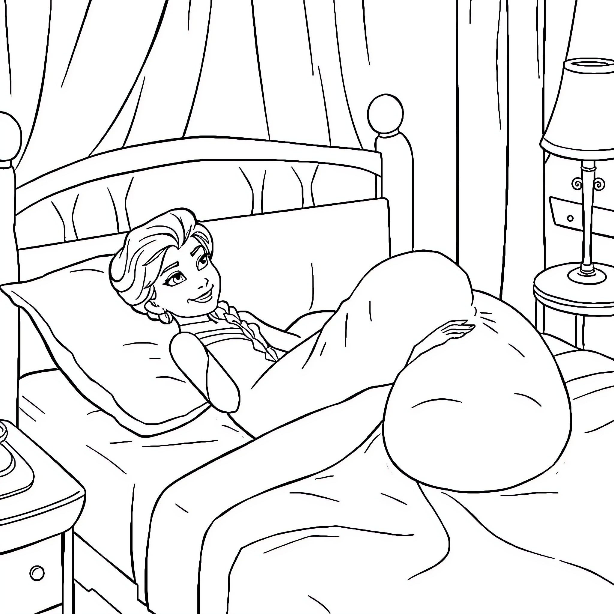 Elsa resting peacefully in her bedroom Coloring Page (free black-and-white line drawing printable PDF for all, from beginners to advanced learners, including children, teens, adults, and seniors)