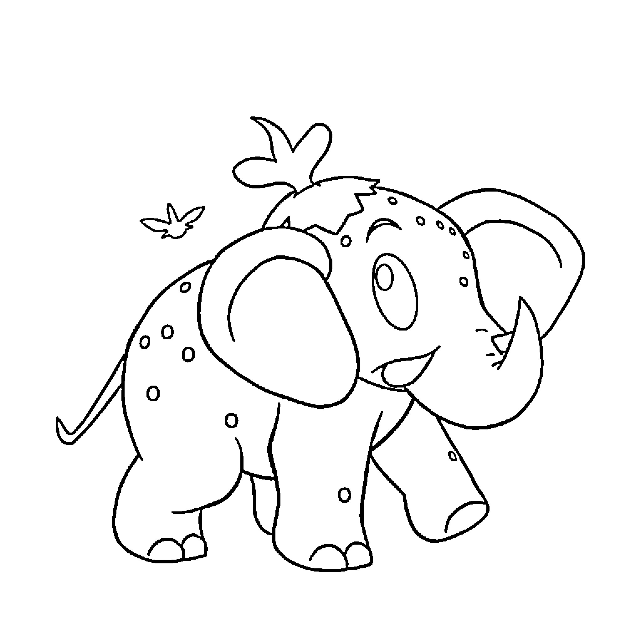 Elephant playing with butterflies Coloring Page (free black-and-white line drawing printable PDF for all, from beginners to advanced learners, including children, teens, adults, and seniors)