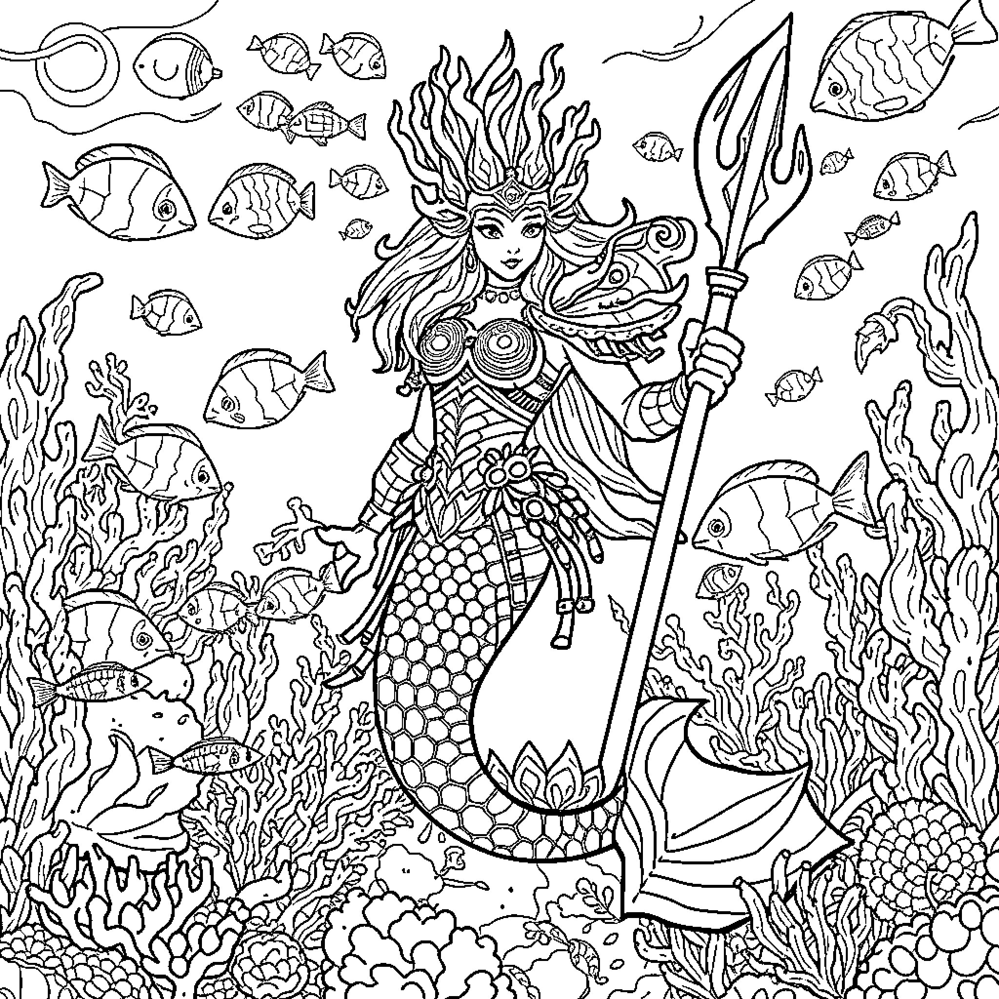 Merfolk Queen Reigning in the Underwater Realm Coloring Page (free black-and-white line drawing printable PDF for all, from beginners to advanced learners, including children, teens, adults, and seniors)