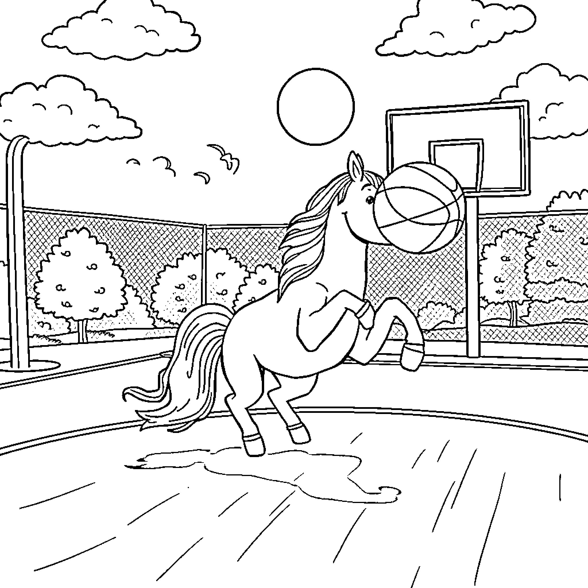 Unicorn playing happily in the park Coloring Page (free black-and-white line drawing printable PDF for all, from beginners to advanced learners, including children, teens, adults, and seniors)