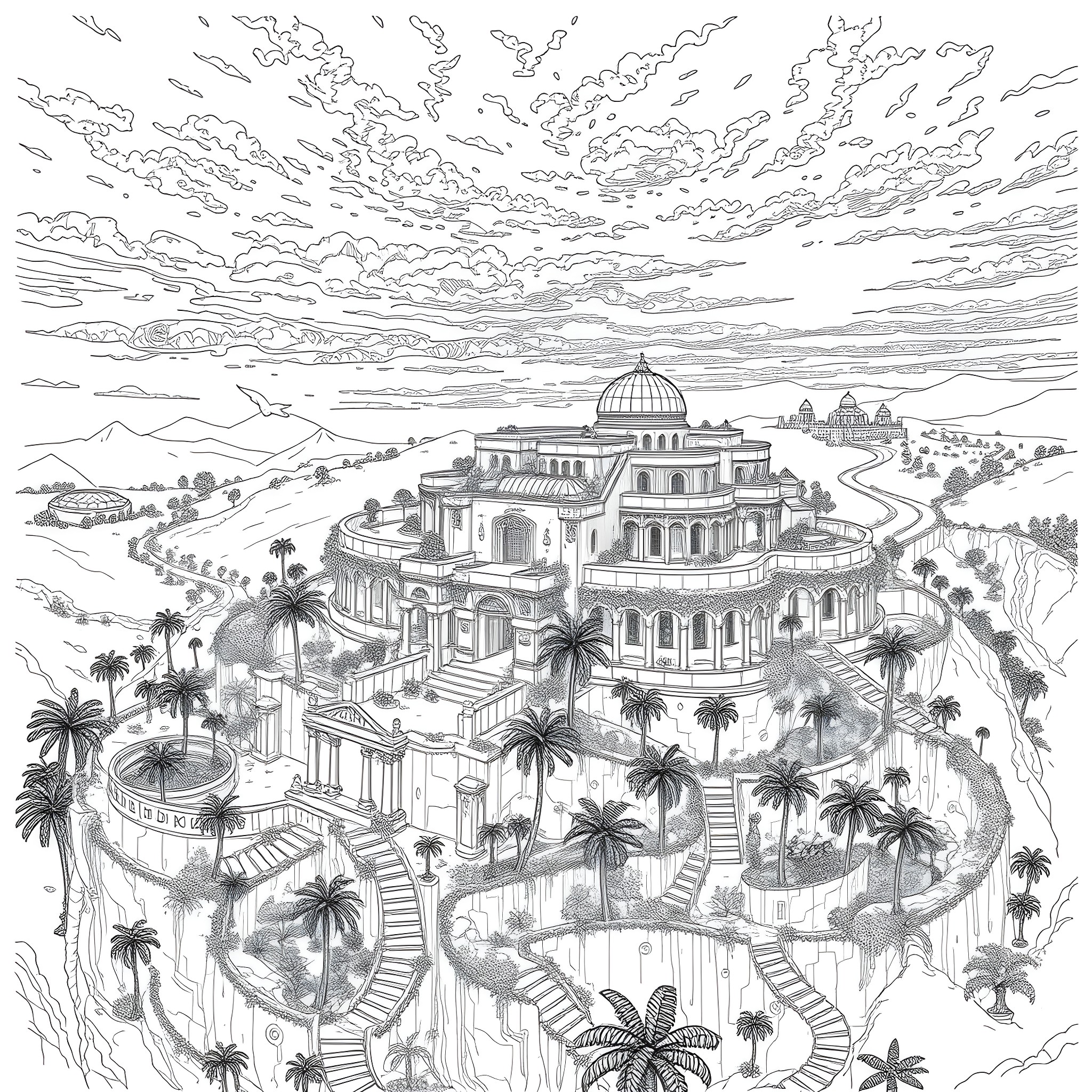 Garden palace amidst a tropical landscape Coloring Page (free black-and-white line drawing printable PDF for all, from beginners to advanced learners, including children, teens, adults, and seniors)