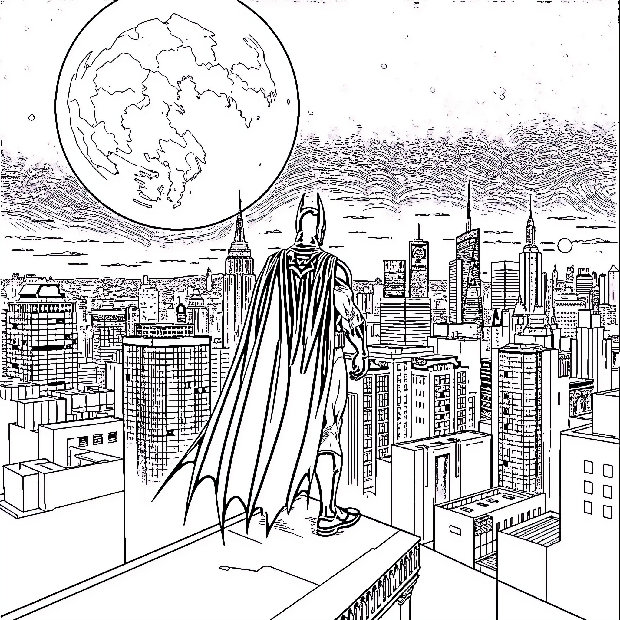 Batman overlooking the city at night Coloring Page (free black-and-white line drawing printable PDF for all, from beginners to advanced learners, including children, teens, adults, and seniors)