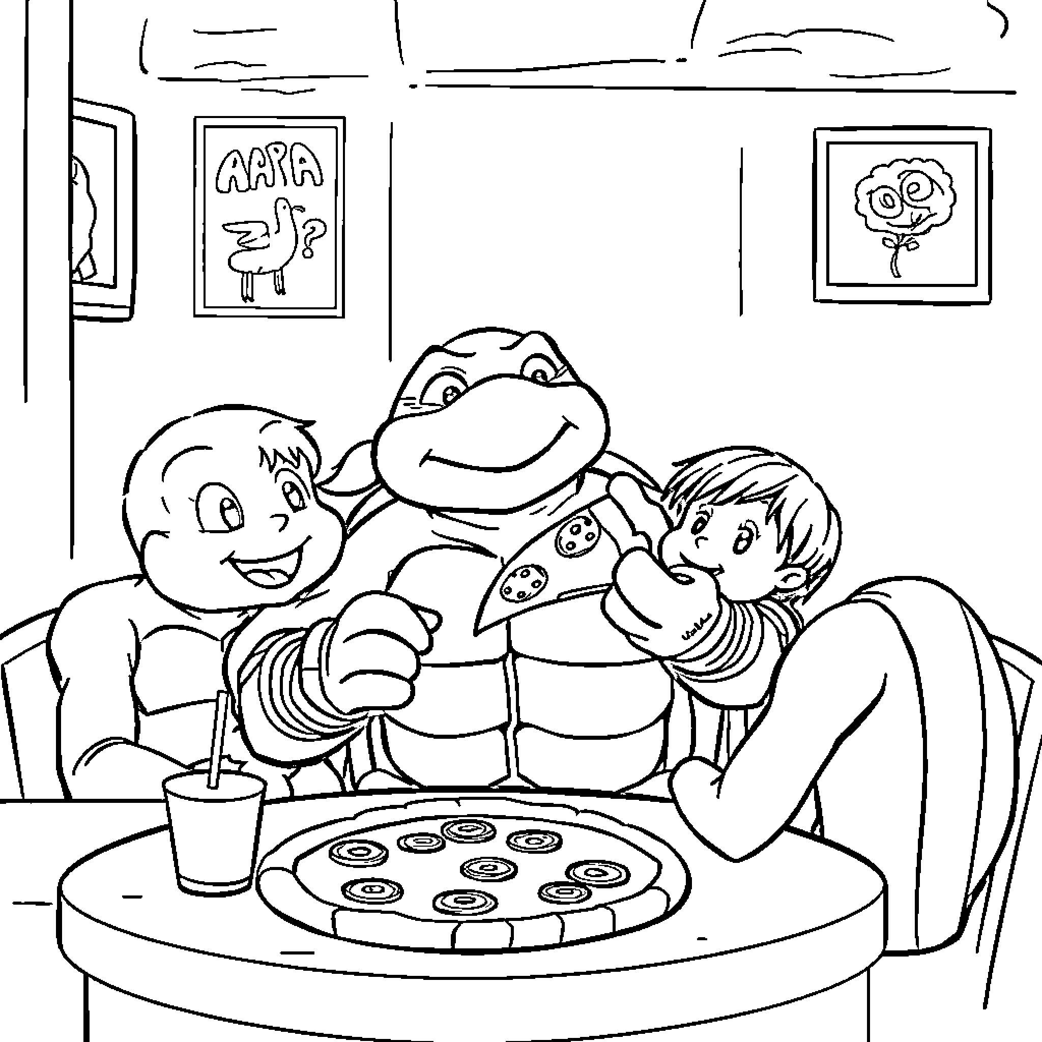 Ninja Turtle friends enjoying pizza together Coloring Page (free black-and-white line drawing printable PDF for all, from beginners to advanced learners, including children, teens, adults, and seniors)