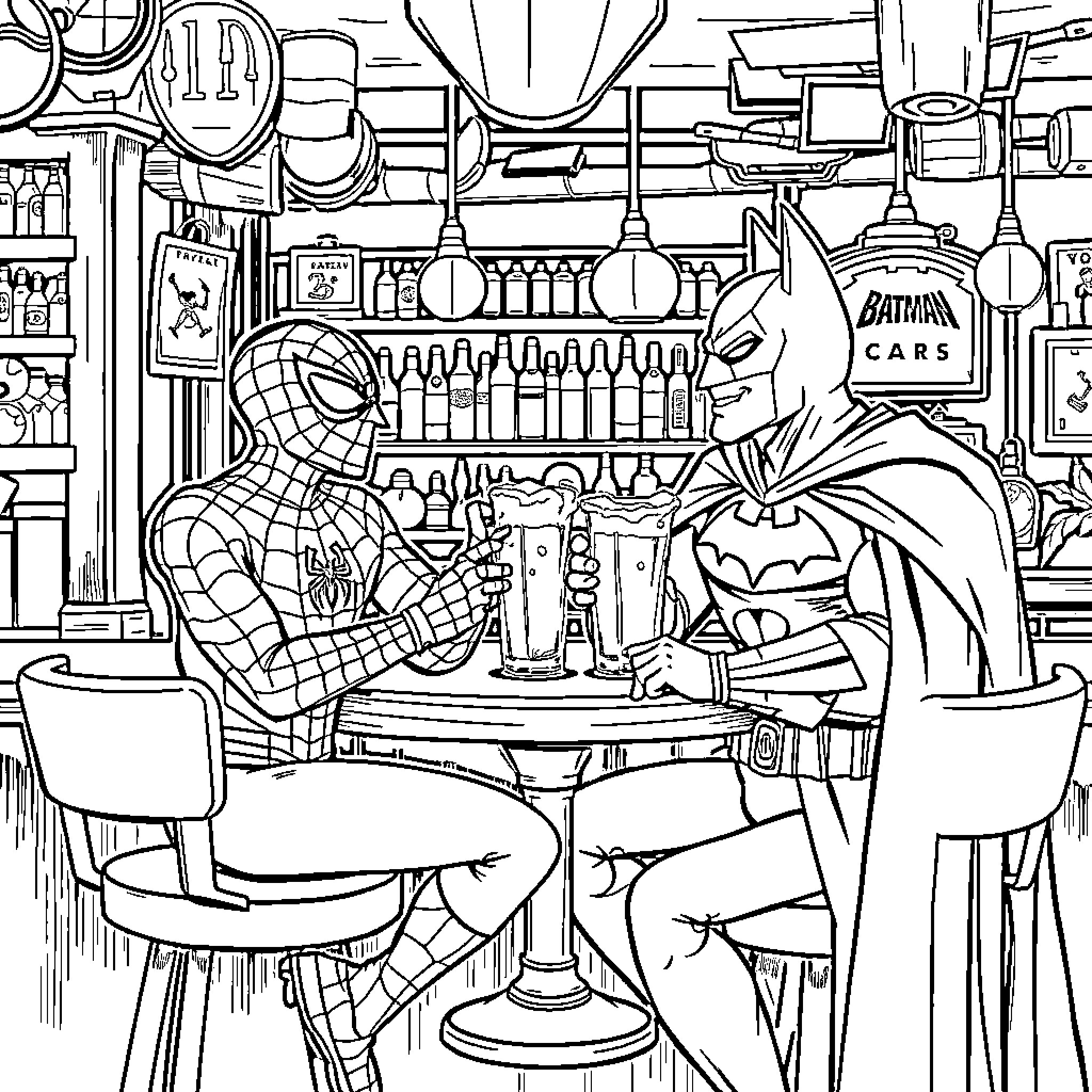 Spiderman and Batman enjoying drinks at the bar Coloring Page (free black-and-white line drawing printable PDF for all, from beginners to advanced learners, including children, teens, adults, and seniors)