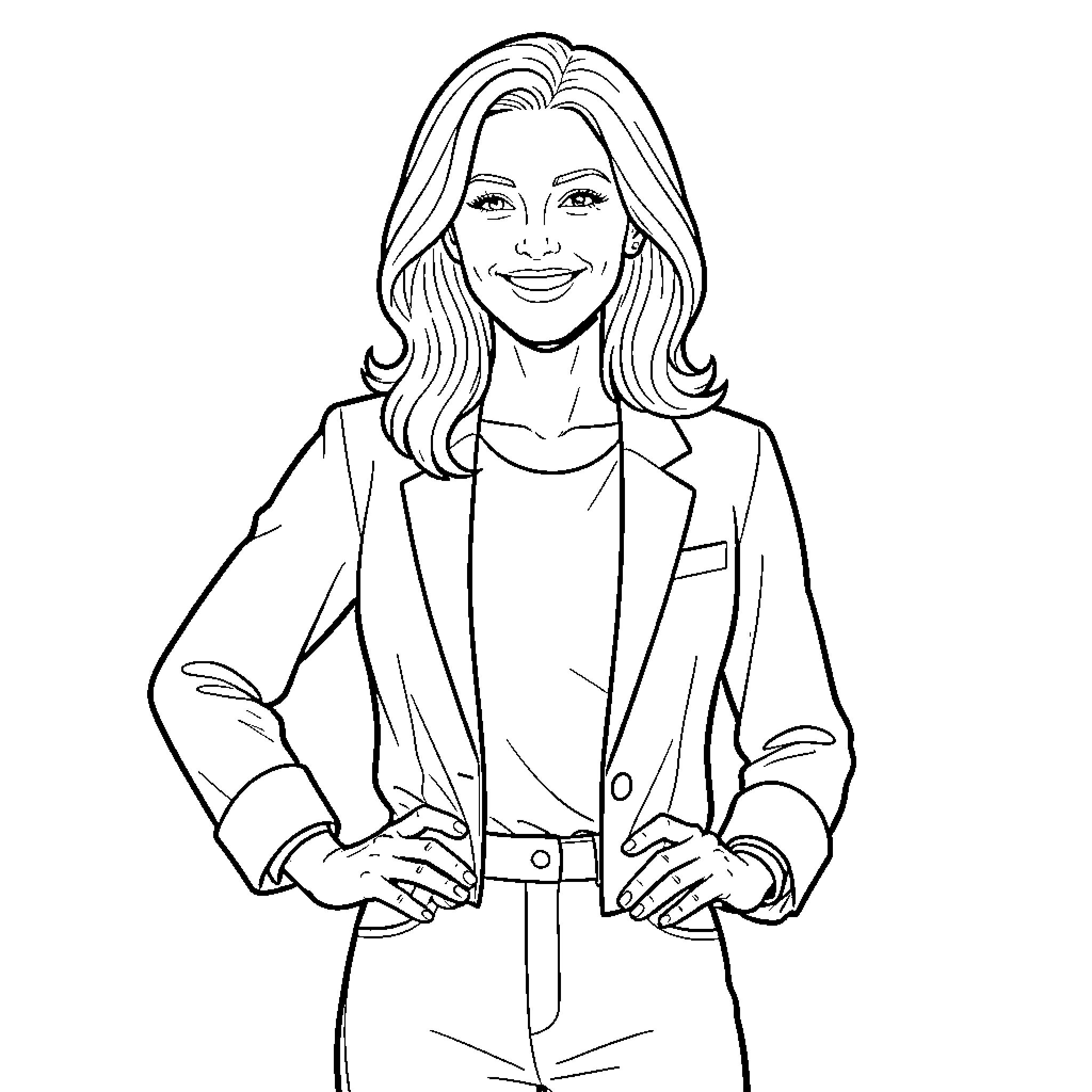 Tini Stossel smiling confidently in a professional suit Coloring Page (free black-and-white line drawing printable PDF for all, from beginners to advanced learners, including children, teens, adults, and seniors)