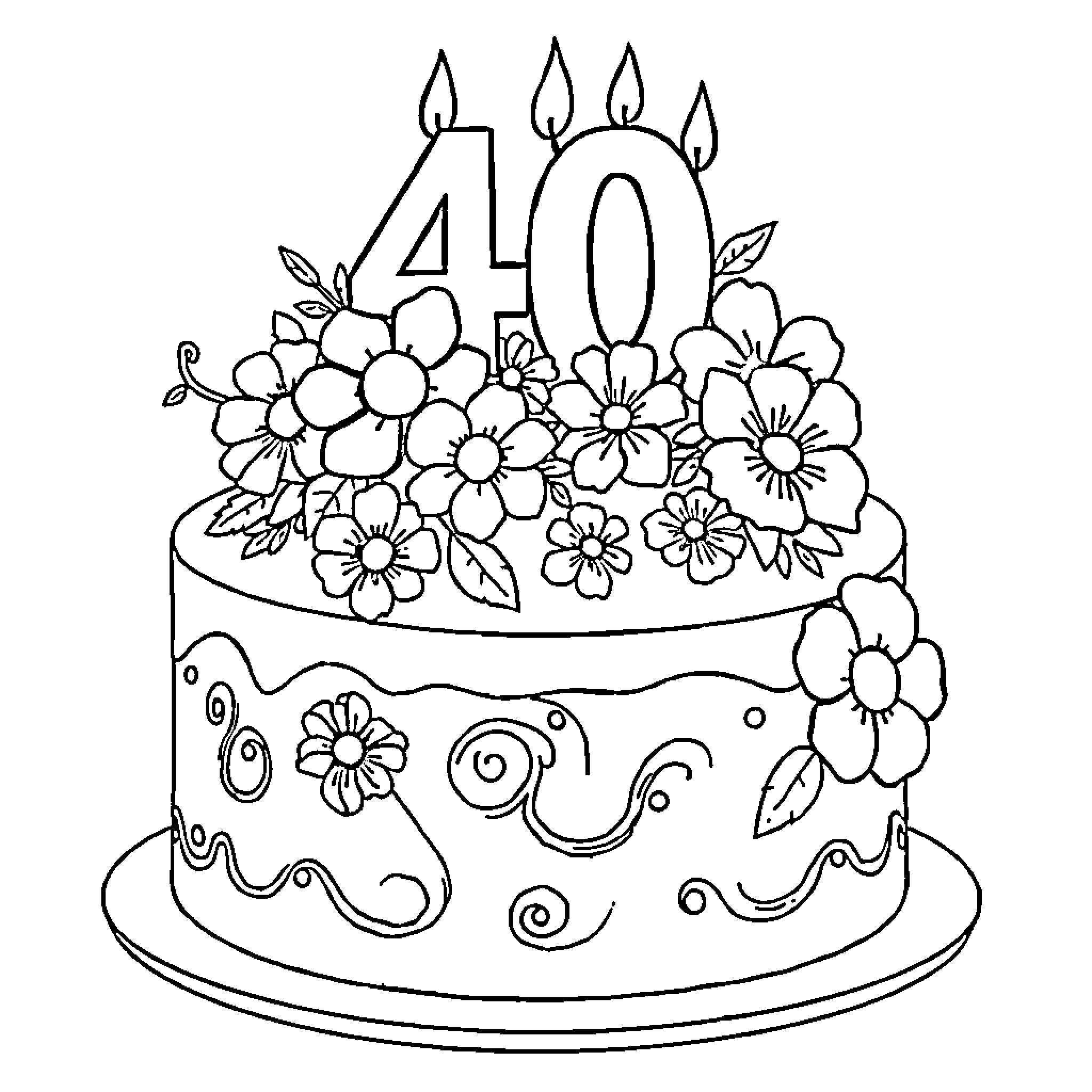 Birthday Cake with Floral Decorations and Number 40 Coloring Page (free black-and-white line drawing printable PDF for all, from beginners to advanced learners, including children, teens, adults, and seniors)
