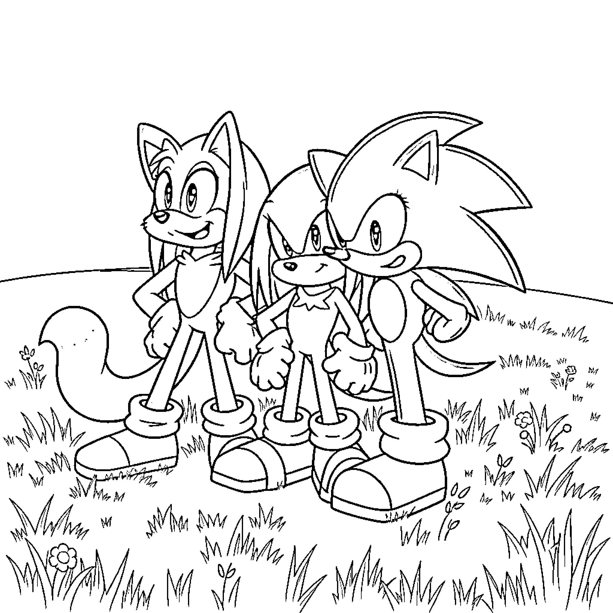 Sonic and Friends in Playful Outdoor Adventure Coloring Page (free black-and-white line drawing printable PDF for all, from beginners to advanced learners, including children, teens, adults, and seniors)