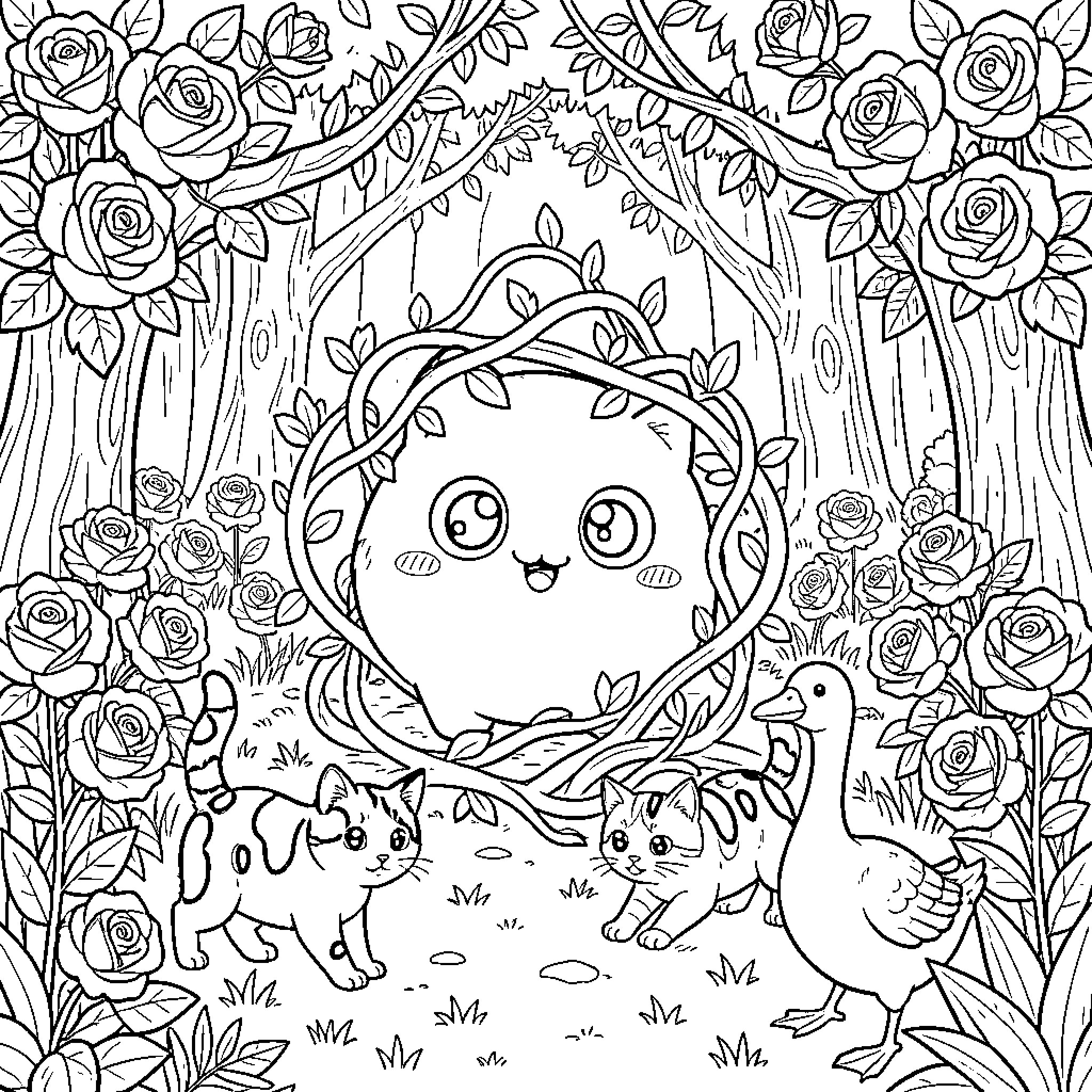 Boop Magical Creatures in the Enchanted Forest Coloring Page (free black-and-white line drawing printable PDF for all, from beginners to advanced learners, including children, teens, adults, and seniors)
