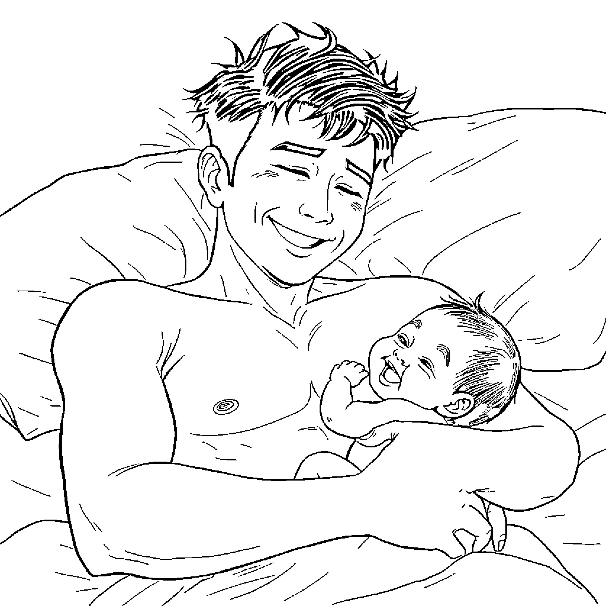 Baby Bonding with Caring Father Coloring Page (free black-and-white line drawing printable PDF for all, from beginners to advanced learners, including children, teens, adults, and seniors)