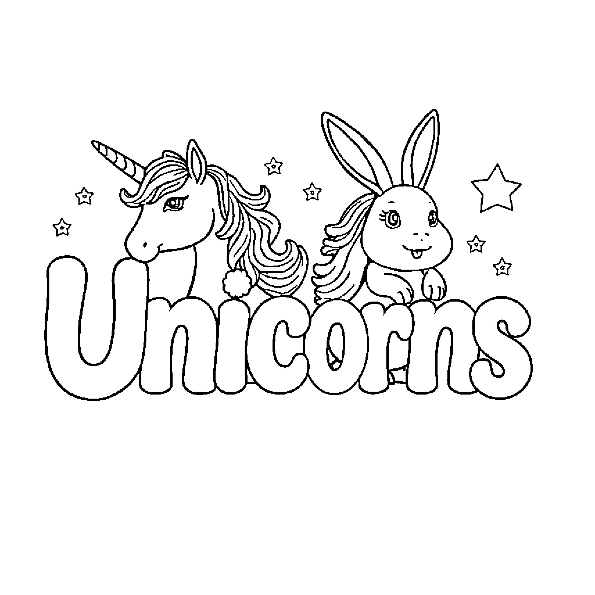 Alphabet Unicorns and Rabbits Playing with Stars Coloring Page (free black-and-white line drawing printable PDF for all, from beginners to advanced learners, including children, teens, adults, and seniors)