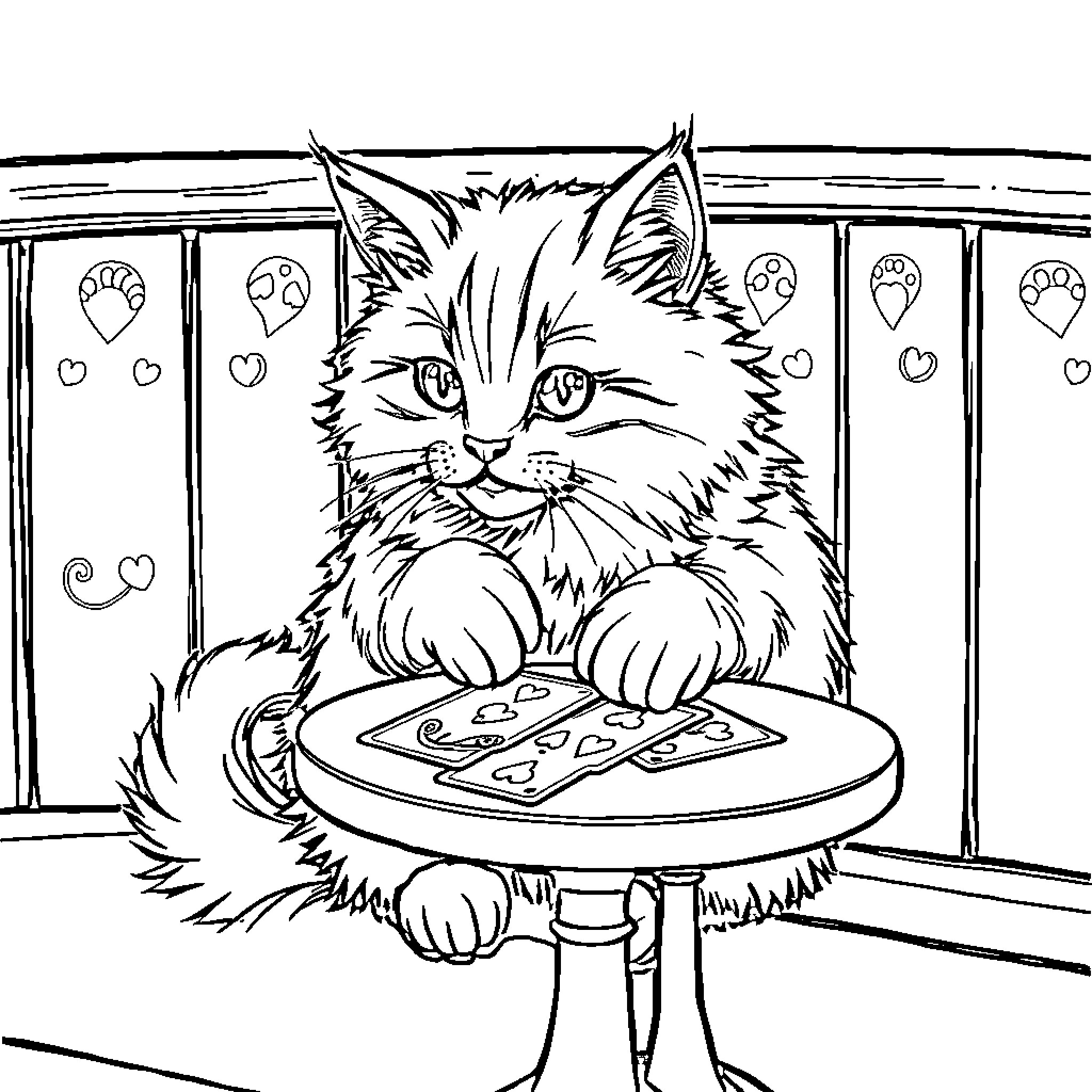 Cat enjoying a tasty treat on a table Coloring Page (free black-and-white line drawing printable PDF for all, from beginners to advanced learners, including children, teens, adults, and seniors)