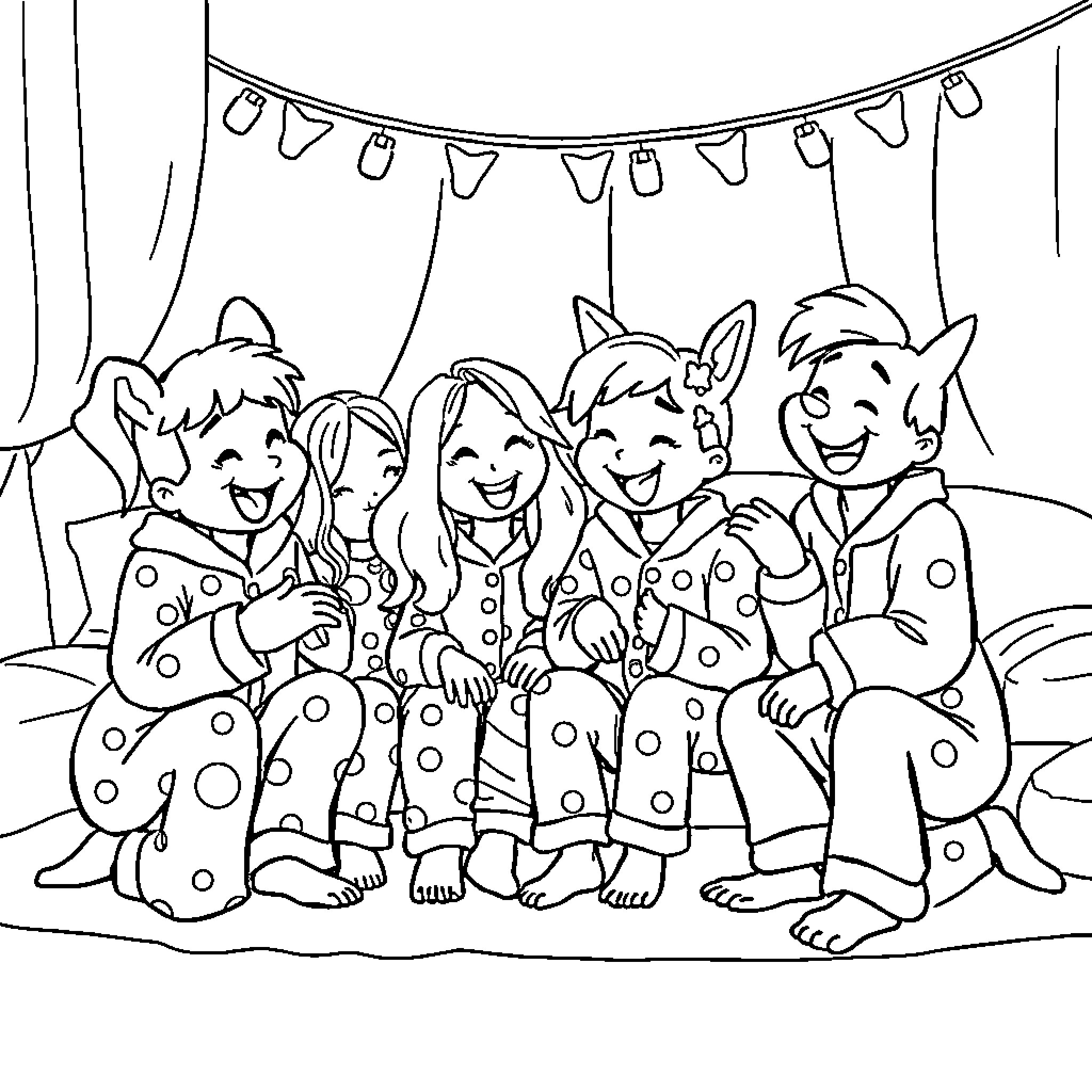 Huntrix celebrating with a group of friends Coloring Page (free black-and-white line drawing printable PDF for all, from beginners to advanced learners, including children, teens, adults, and seniors)