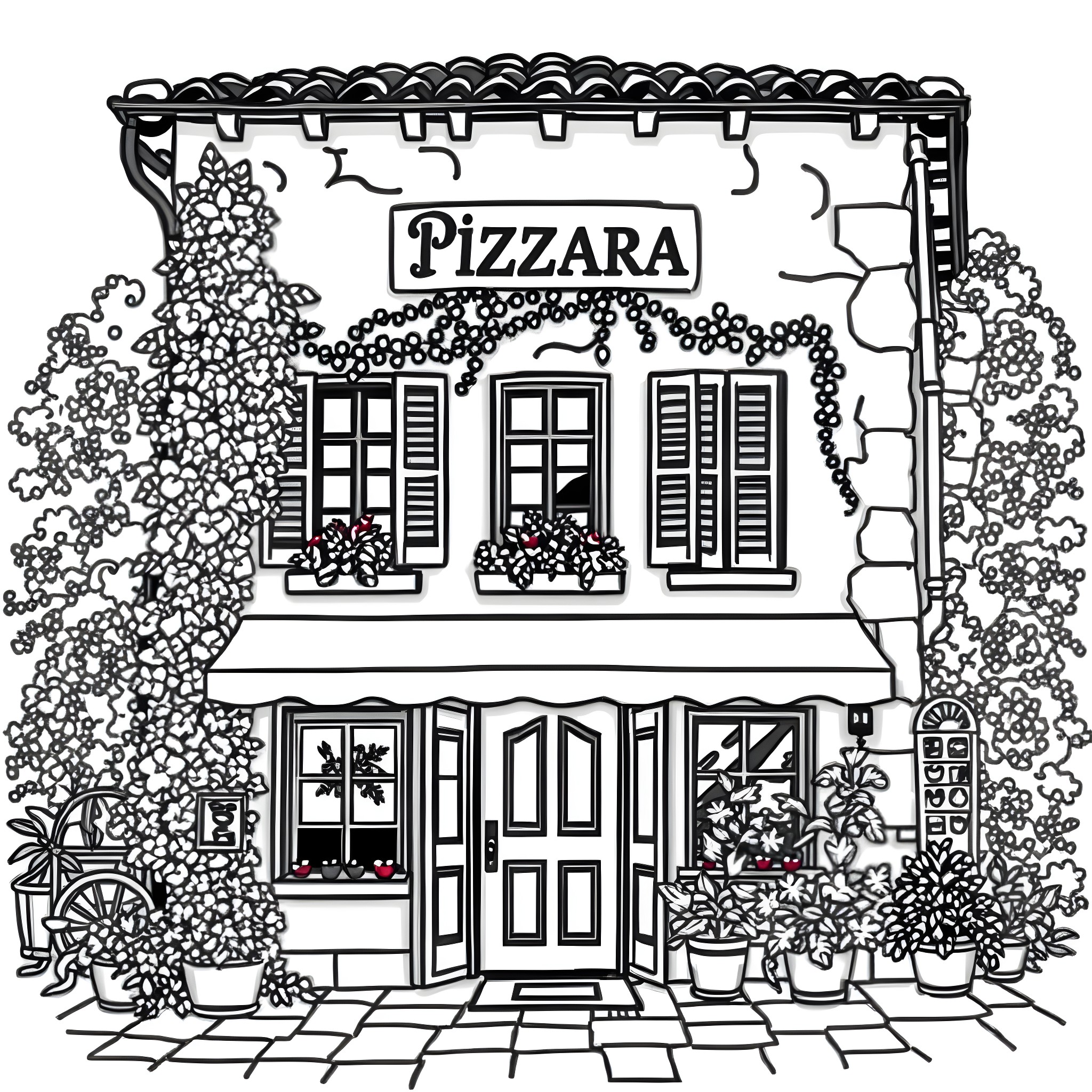 Restaurant with Cozy Outdoor Seating and Hanging Flowers Coloring Page (free black-and-white line drawing printable PDF for all, from beginners to advanced learners, including children, teens, adults, and seniors)