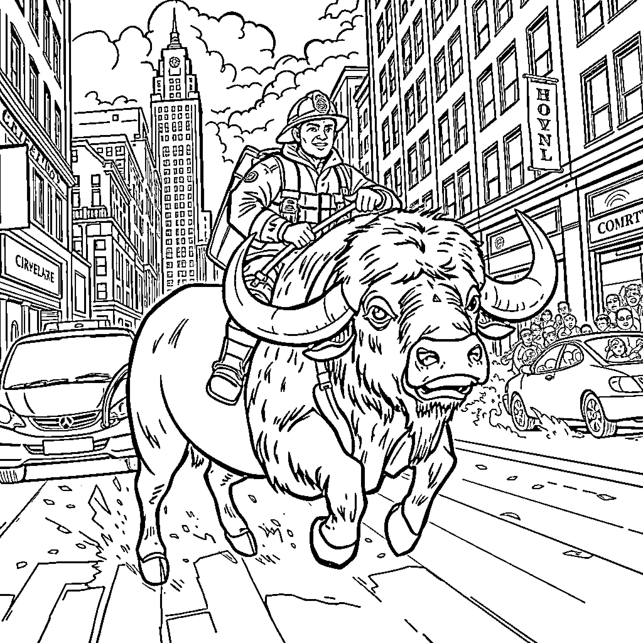 Firefighter riding a buffalo through the city Coloring Page (free black-and-white line drawing printable PDF for all, from beginners to advanced learners, including children, teens, adults, and seniors)