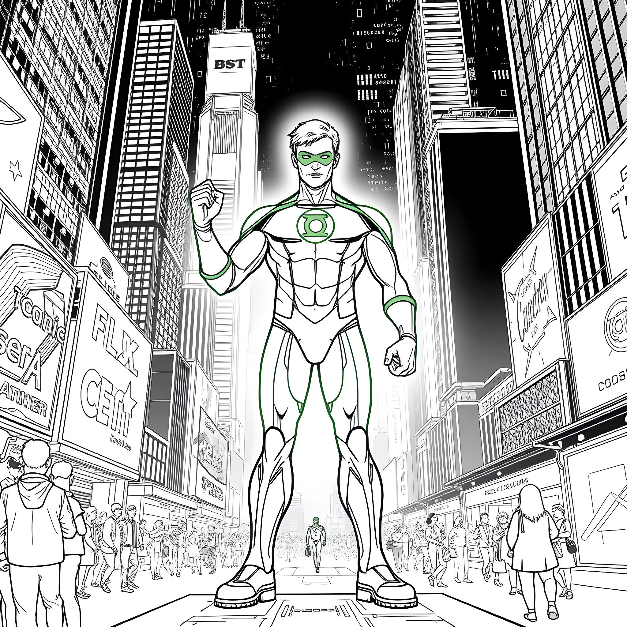 Green Lantern heroically stands tall in the city Coloring Page (free black-and-white line drawing printable PDF for all, from beginners to advanced learners, including children, teens, adults, and seniors)