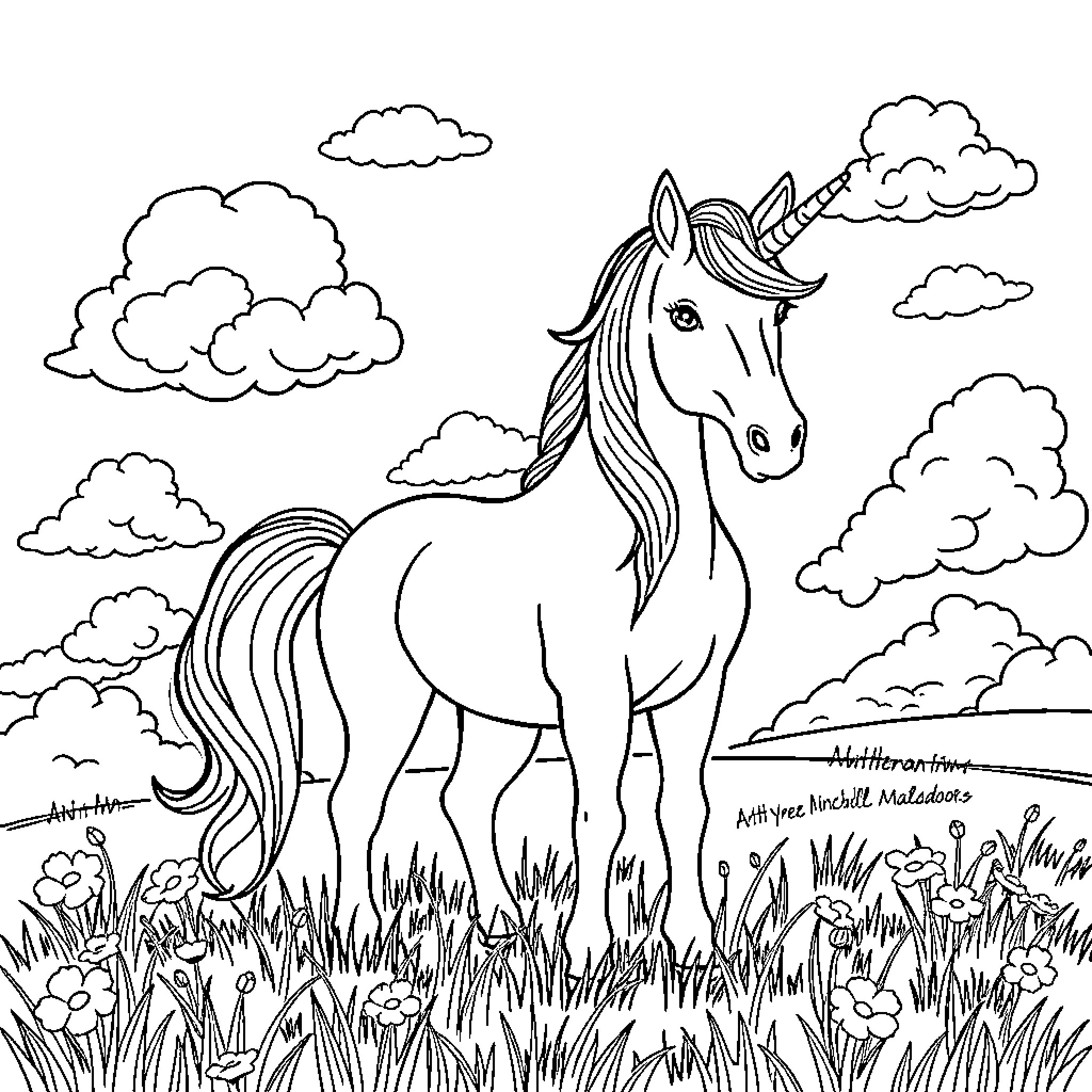 Unicorn standing amidst nature's beauty Coloring Page (free black-and-white line drawing printable PDF for all, from beginners to advanced learners, including children, teens, adults, and seniors)