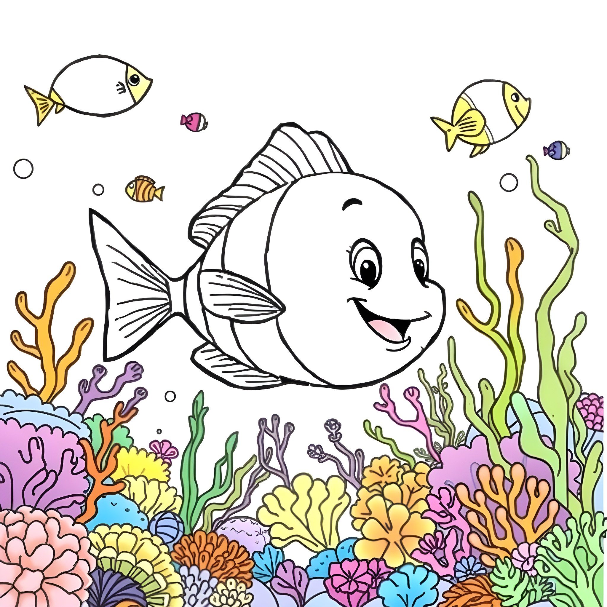 Flounder swimming joyfully among vibrant ocean creatures Coloring Page (free black-and-white line drawing printable PDF for all, from beginners to advanced learners, including children, teens, adults, and seniors)