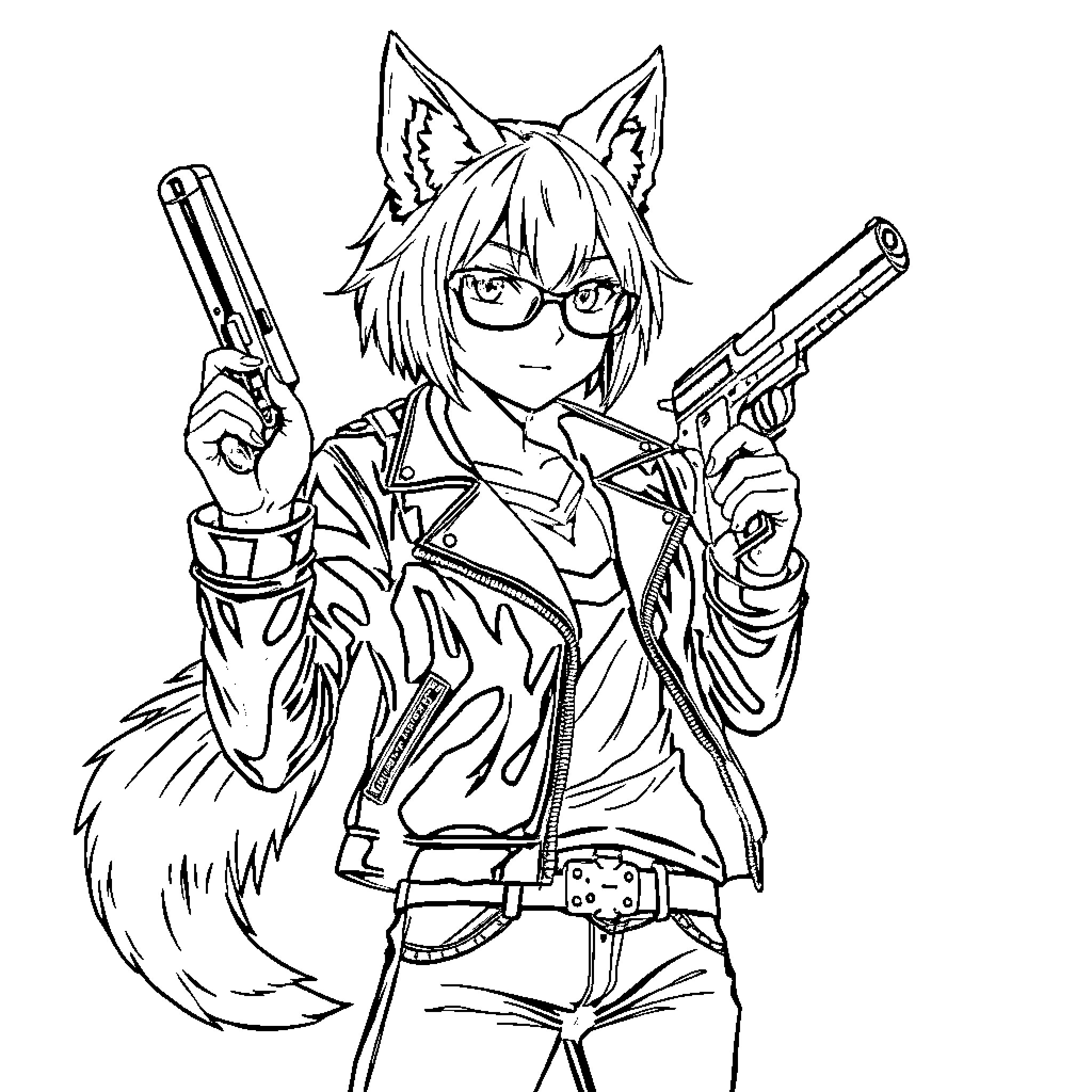 Wolf Girl wields dual pistols with fierce determination Coloring Page (free black-and-white line drawing printable PDF for all, from beginners to advanced learners, including children, teens, adults, and seniors)