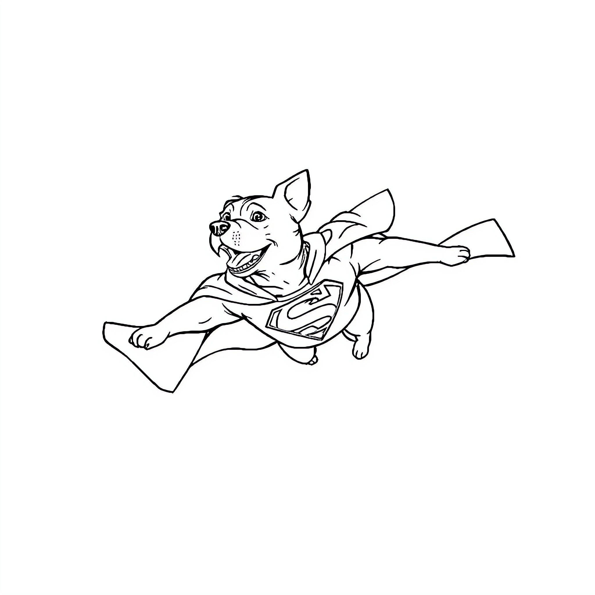 Flying Dog in Superhero Outfit Coloring Page (free black-and-white line drawing printable PDF for all, from beginners to advanced learners, including children, teens, adults, and seniors)