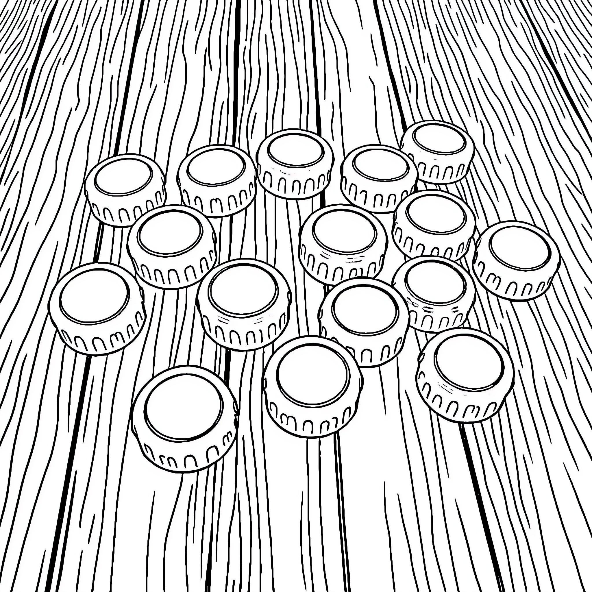 Bottle Top Arrangement on Wooden Surface Coloring Page (free black-and-white line drawing printable PDF for all, from beginners to advanced learners, including children, teens, adults, and seniors)
