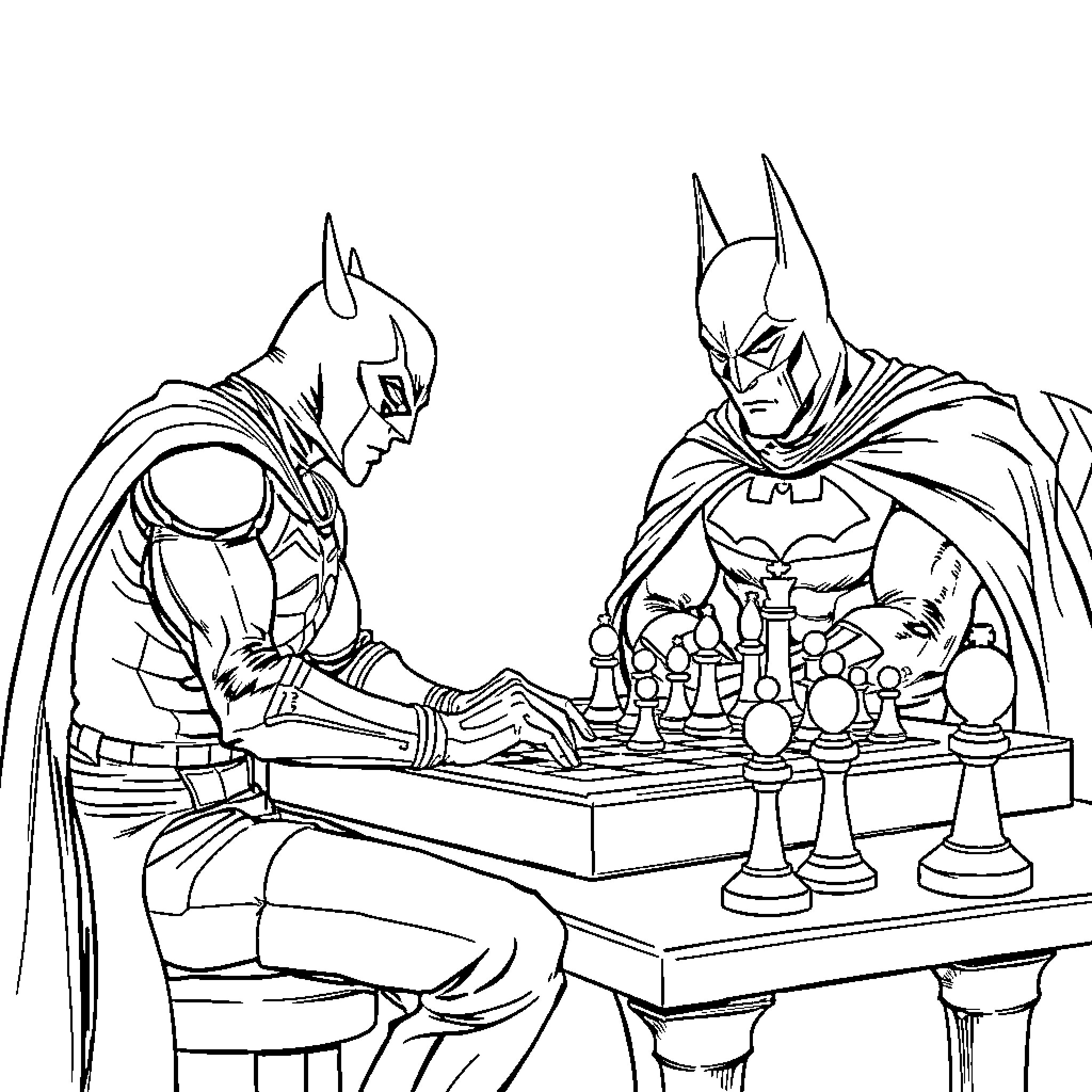 Blade heroes compete in a chess game Coloring Page (free black-and-white line drawing printable PDF for all, from beginners to advanced learners, including children, teens, adults, and seniors)