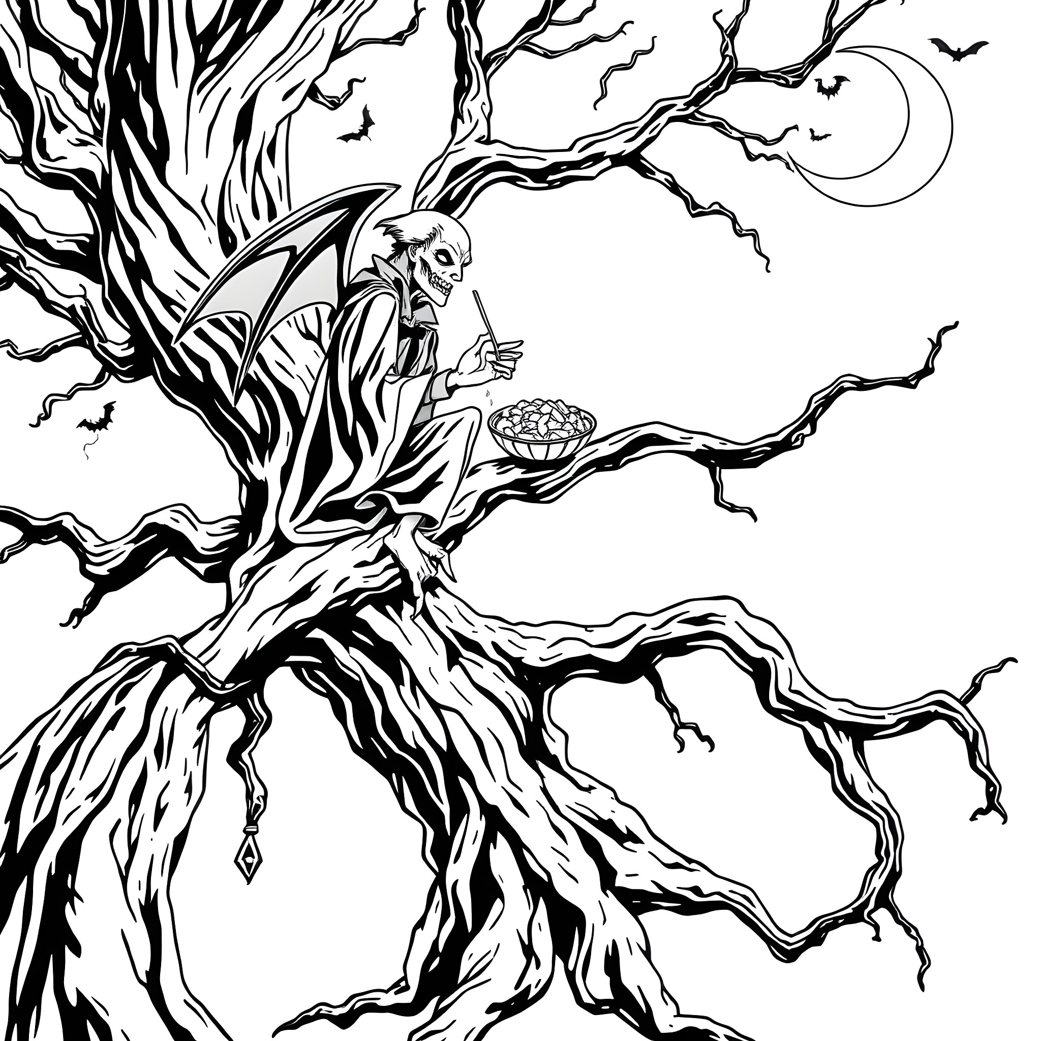Vampire Reaping Souls in Haunting Woodland Landscape Coloring Page (free black-and-white line drawing printable PDF for all, from beginners to advanced learners, including children, teens, adults, and seniors)