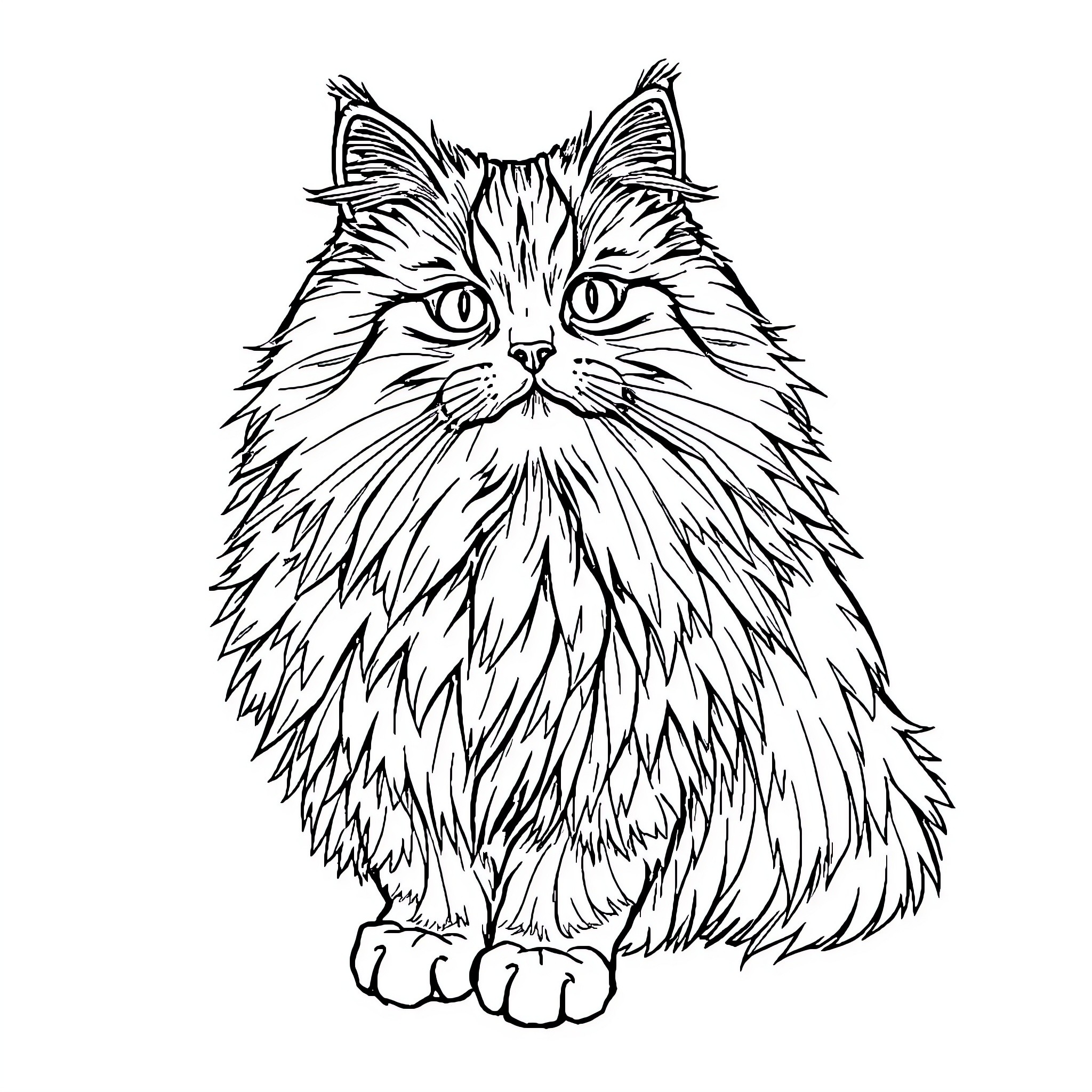Cat with fluffy fur and pointed ears Coloring Page (free black-and-white line drawing printable PDF for all, from beginners to advanced learners, including children, teens, adults, and seniors)