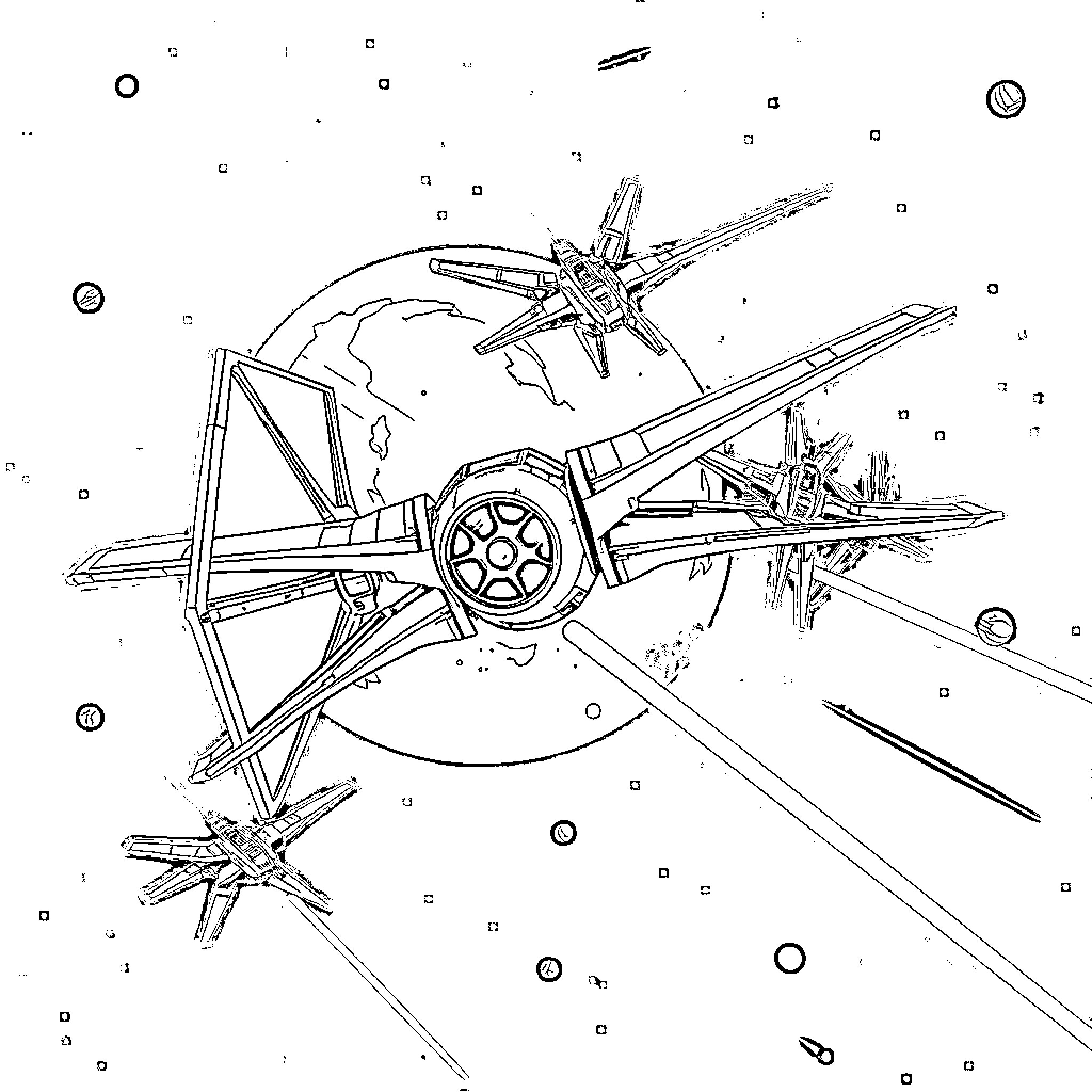 Star Wars Spacecraft in Outer Space Coloring Page (free black-and-white line drawing printable PDF for all, from beginners to advanced learners, including children, teens, adults, and seniors)