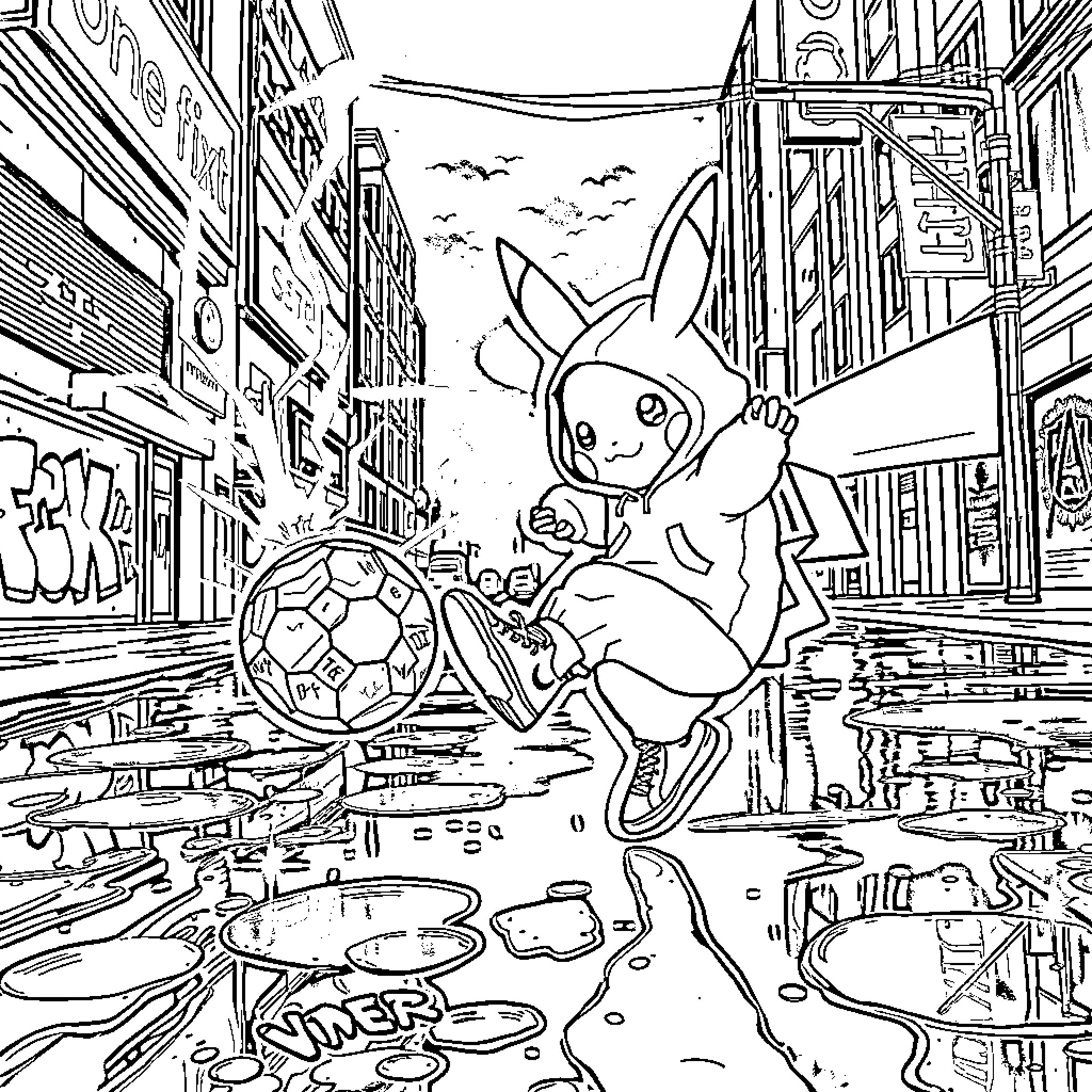 Pikachu playing with a soccer ball on the city street Coloring Page (free black-and-white line drawing printable PDF for all, from beginners to advanced learners, including children, teens, adults, and seniors)