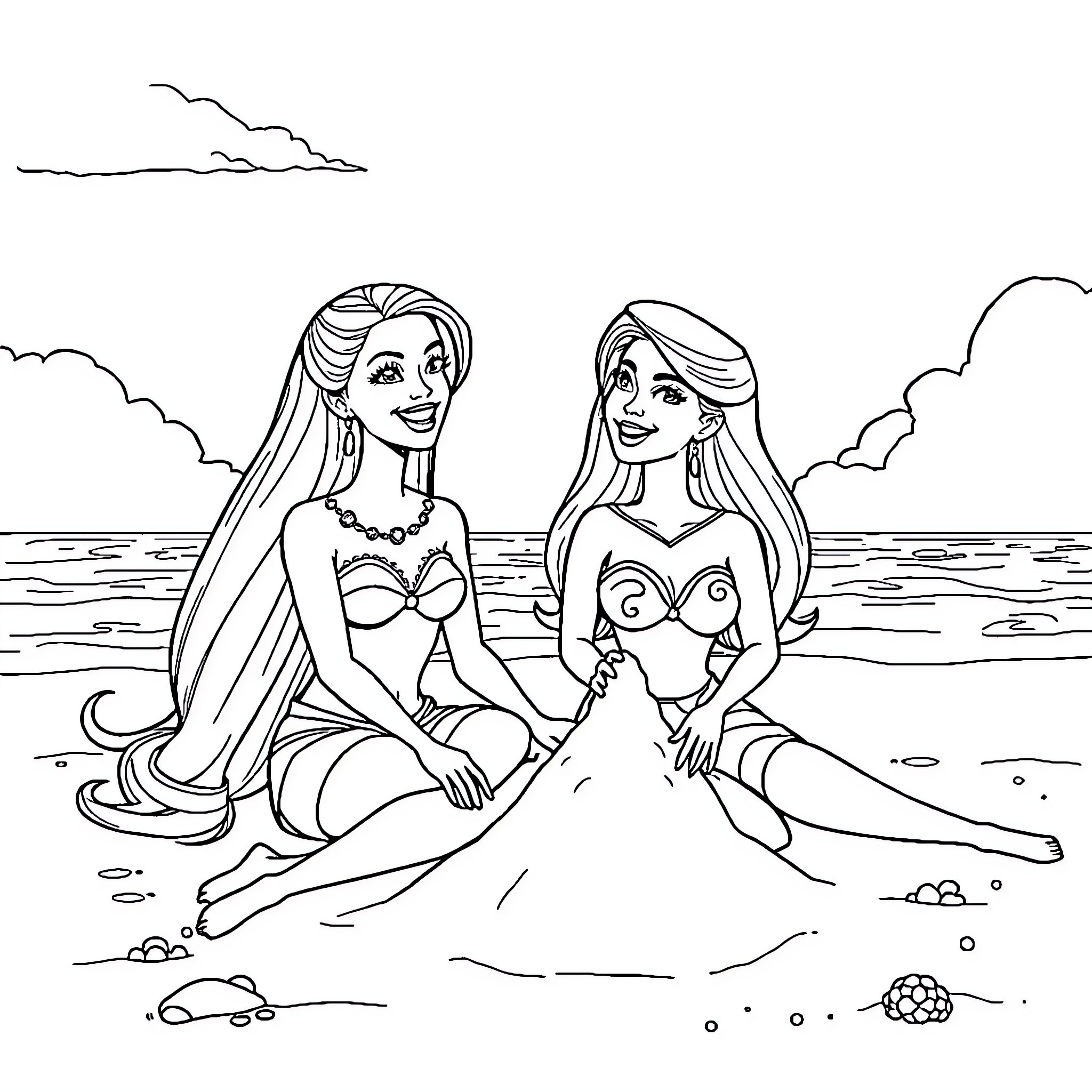 Barbie dolls playing together on the beach Coloring Page (free black-and-white line drawing printable PDF for all, from beginners to advanced learners, including children, teens, adults, and seniors)
