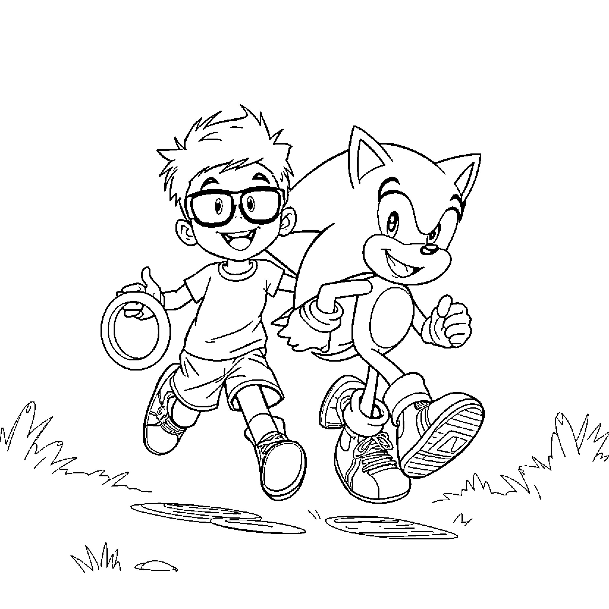 Boy and Cartoon Animal Running Happily Coloring Page (free black-and-white line drawing printable PDF for all, from beginners to advanced learners, including children, teens, adults, and seniors)
