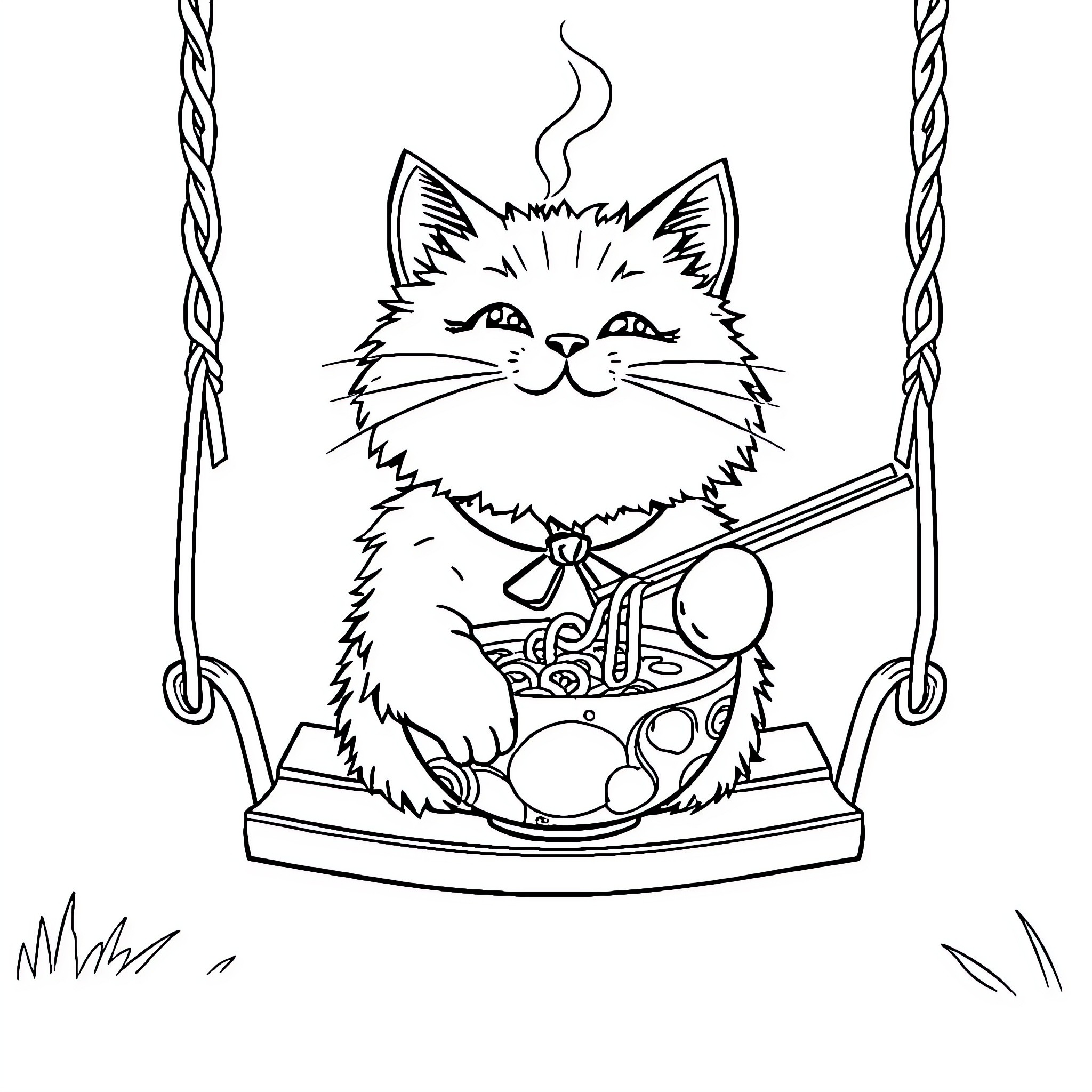 Cat enjoying swing with toys Coloring Page (free black-and-white line drawing printable PDF for all, from beginners to advanced learners, including children, teens, adults, and seniors)