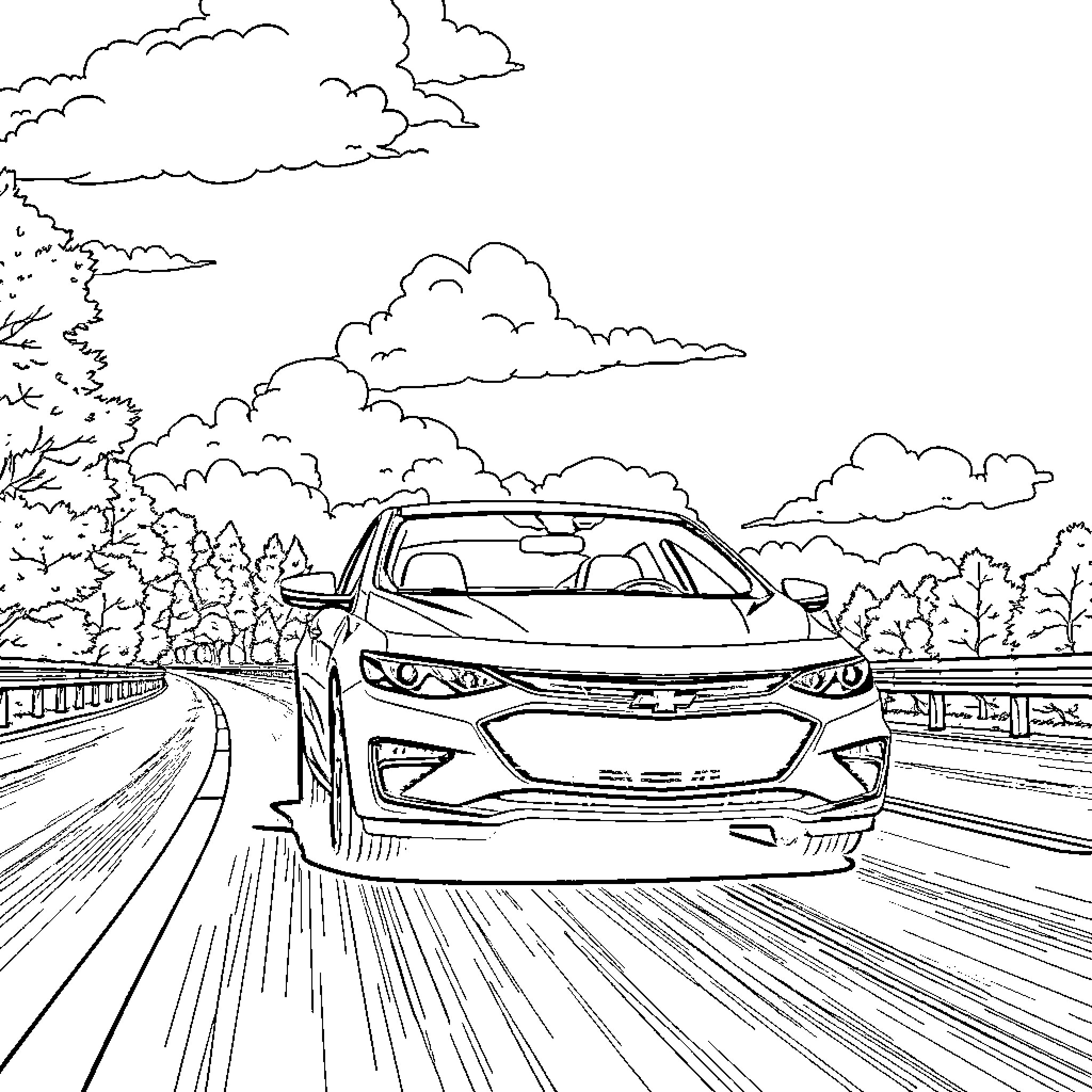 Chevy Malibu driving on a scenic highway Coloring Page (free black-and-white line drawing printable PDF for all, from beginners to advanced learners, including children, teens, adults, and seniors)