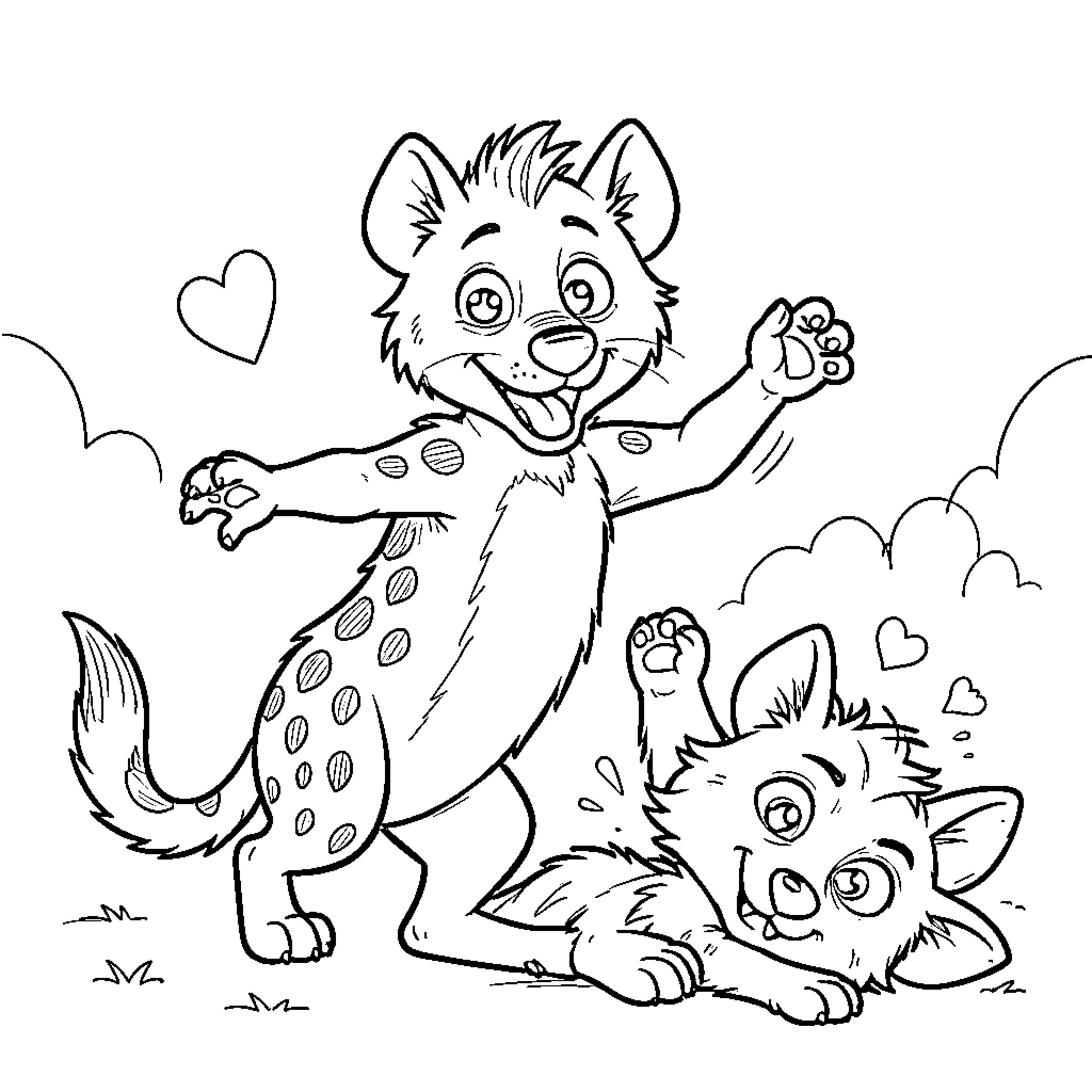 Hyena cubs playing joyfully together in nature Coloring Page (free black-and-white line drawing printable PDF for all, from beginners to advanced learners, including children, teens, adults, and seniors)