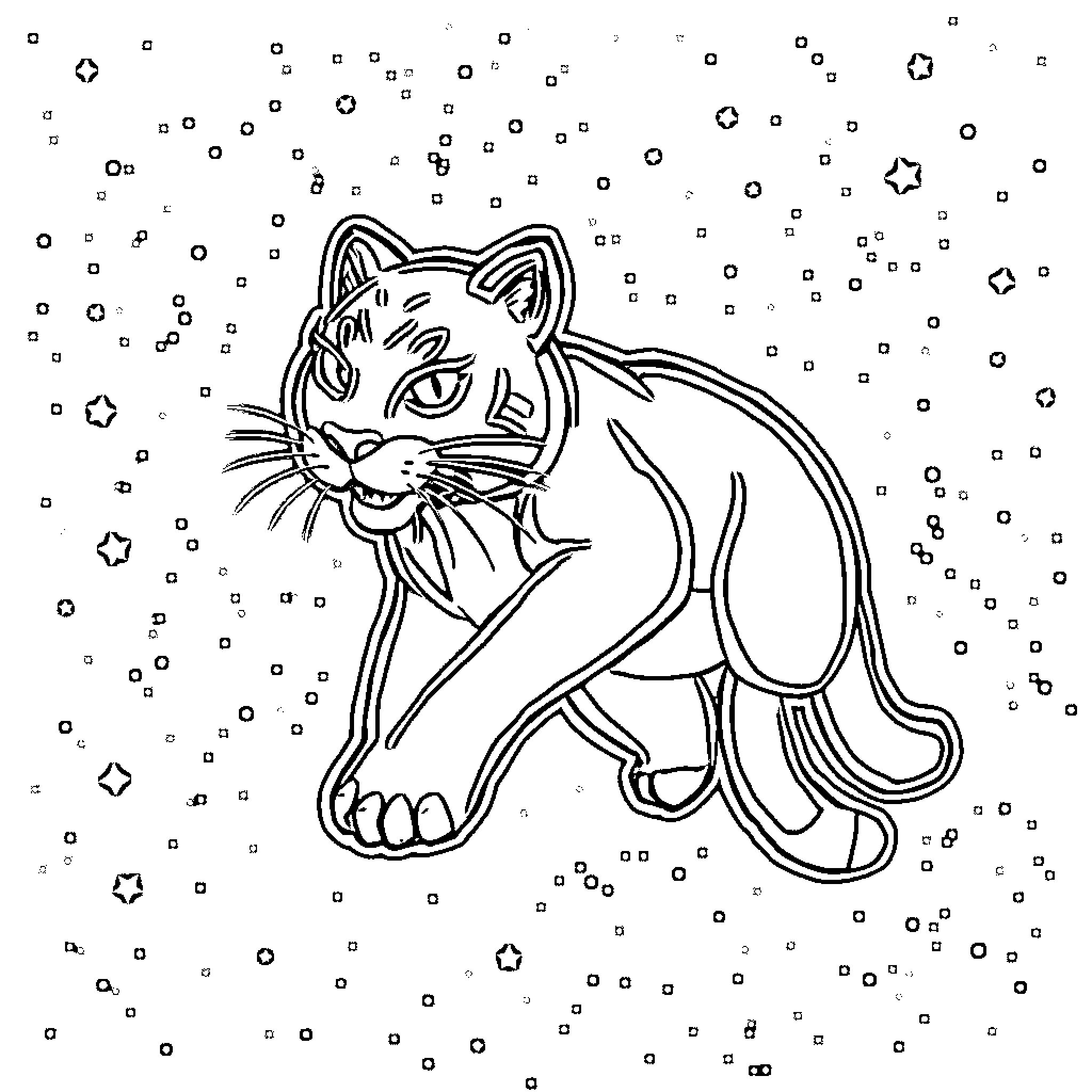 Bearcat in a Starry Night Coloring Scene Coloring Page (free black-and-white line drawing printable PDF for all, from beginners to advanced learners, including children, teens, adults, and seniors)