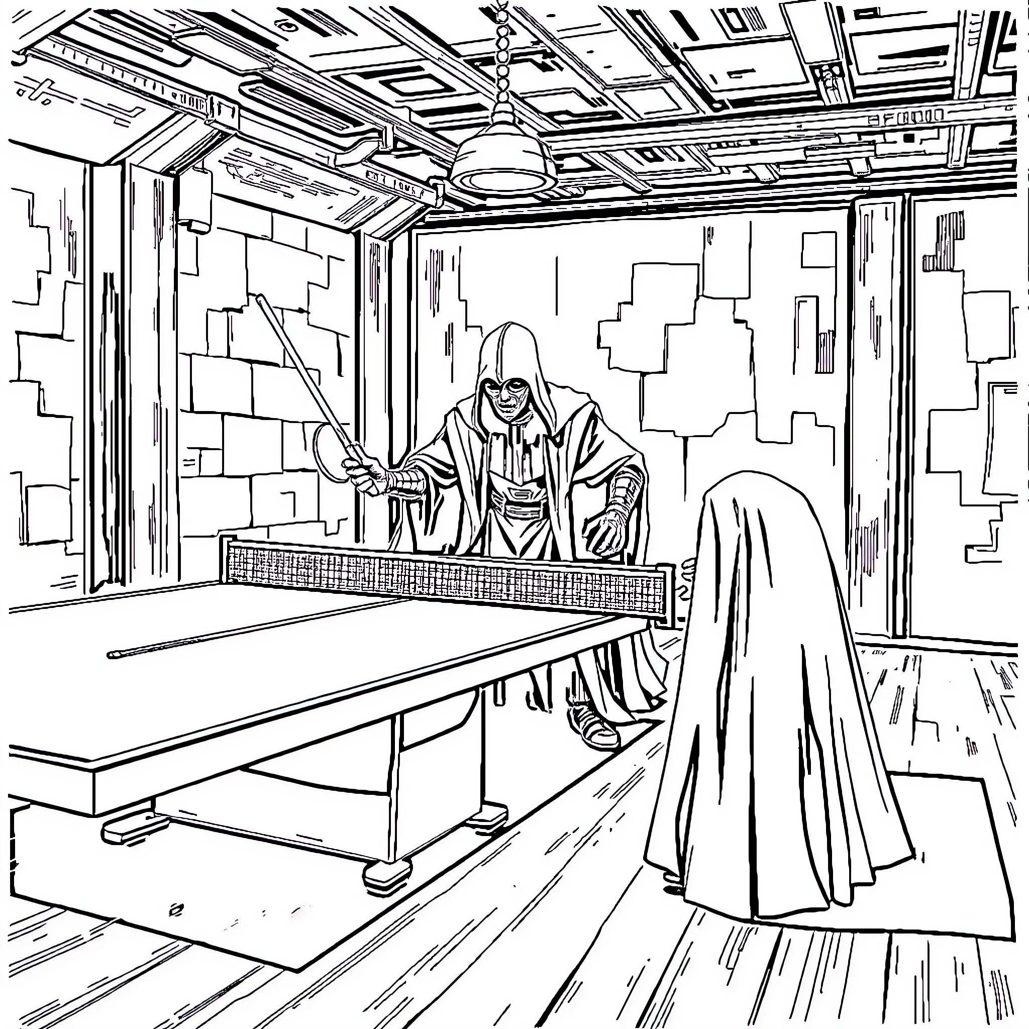 Darth Vader Presides in Ominous Throne Room Coloring Page (free black-and-white line drawing printable PDF for all, from beginners to advanced learners, including children, teens, adults, and seniors)