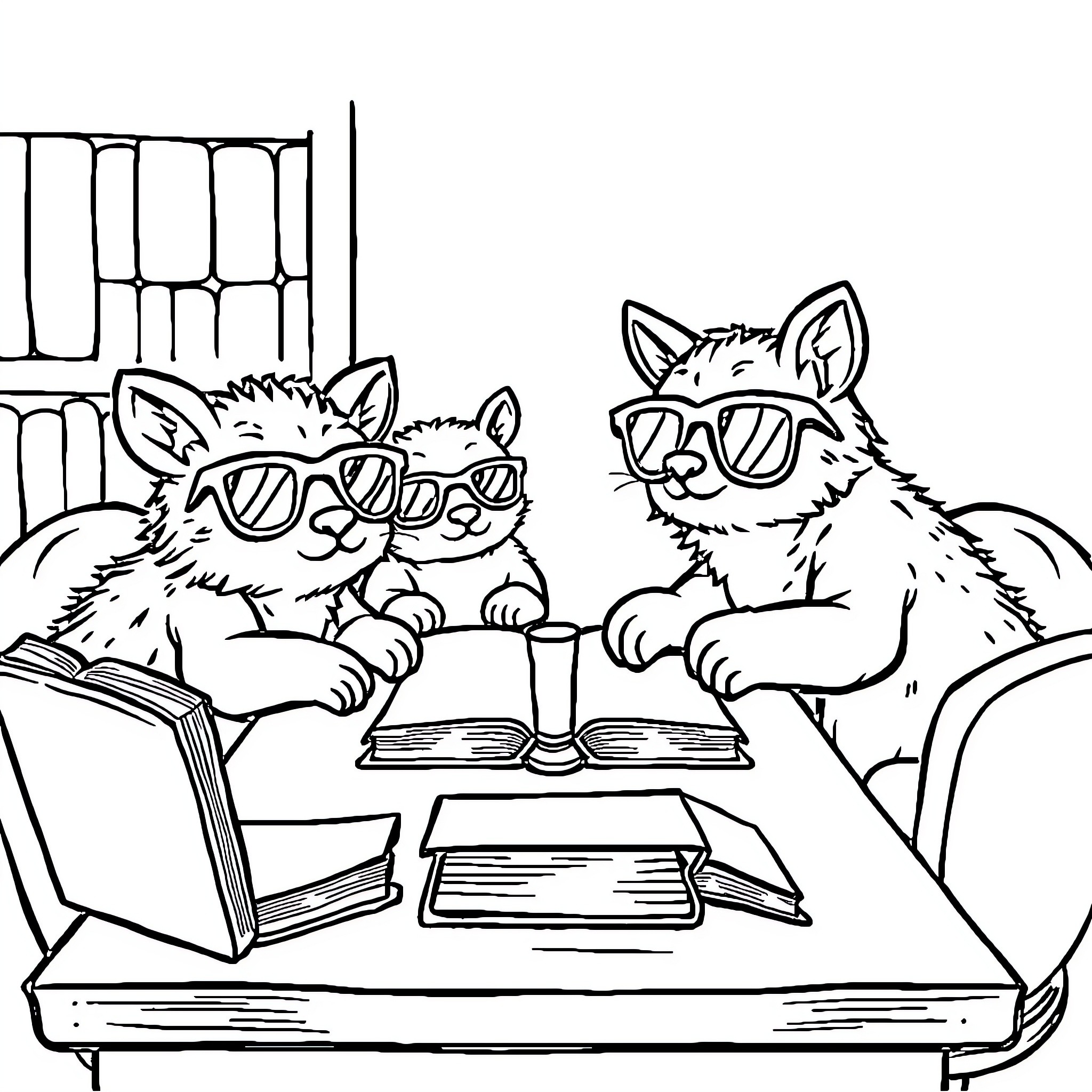 Animal reading books together in library Coloring Page (free black-and-white line drawing printable PDF for all, from beginners to advanced learners, including children, teens, adults, and seniors)