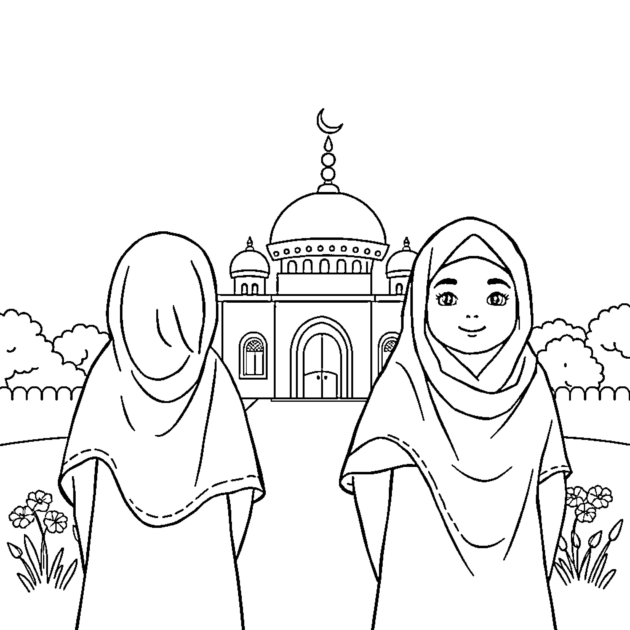 Girls in traditional attire near mosque Coloring Page (free black-and-white line drawing printable PDF for all, from beginners to advanced learners, including children, teens, adults, and seniors)