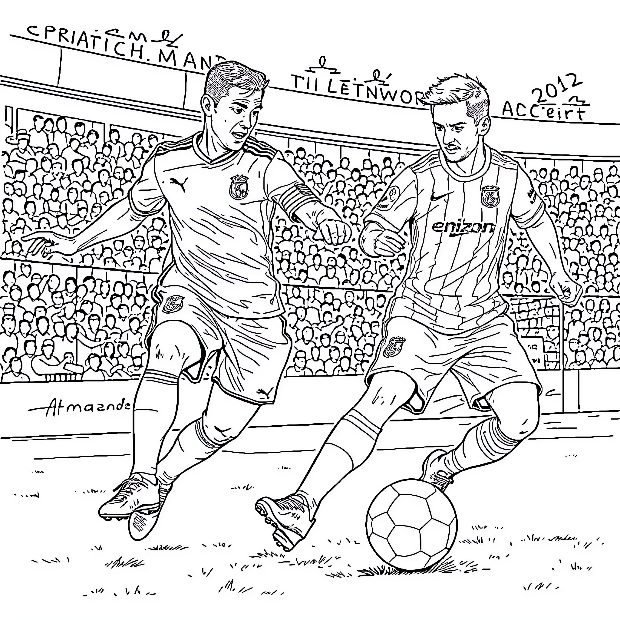 Cristiano battles for ball control on the soccer pitch Coloring Page (free black-and-white line drawing printable PDF for all, from beginners to advanced learners, including children, teens, adults, and seniors)
