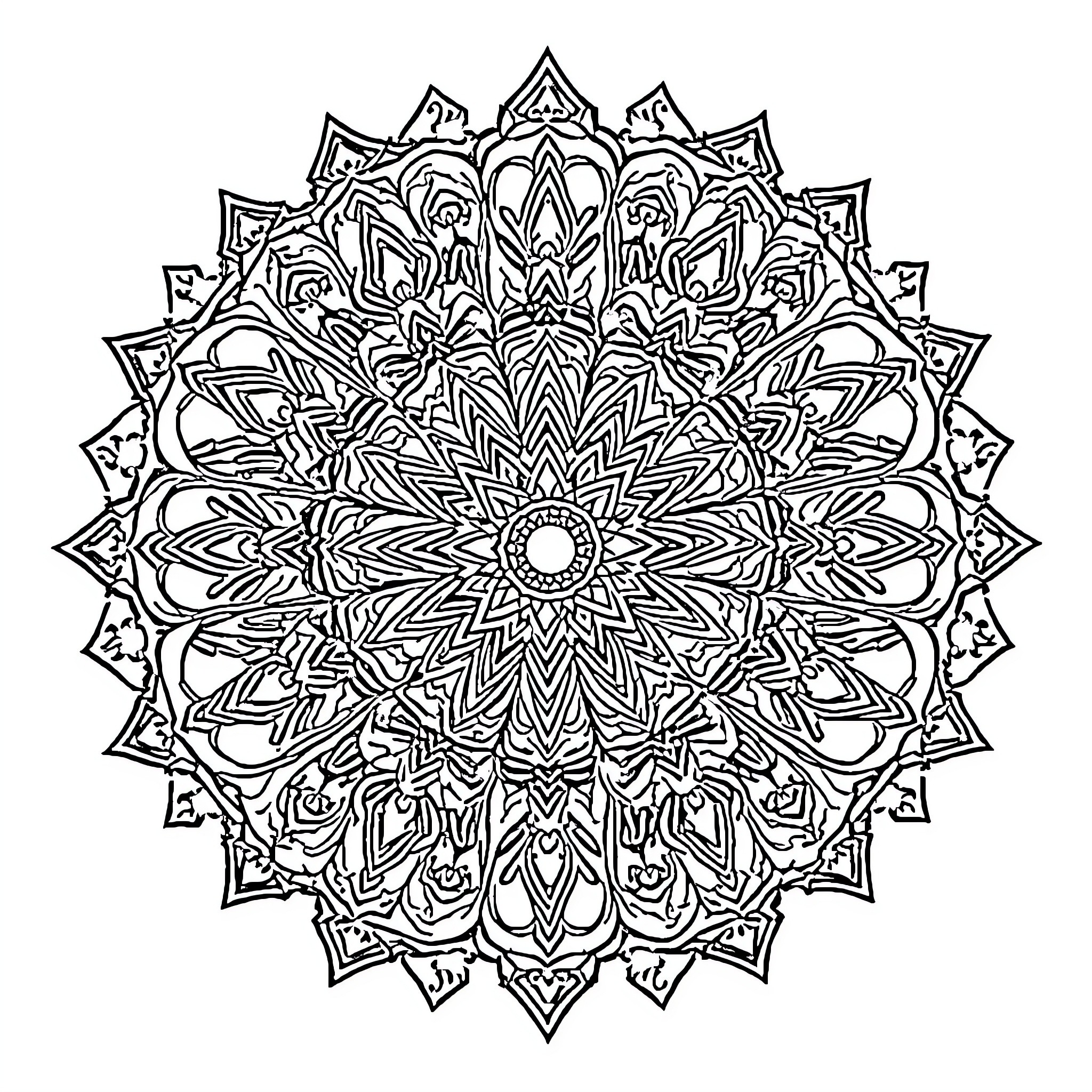 Mandala with intricate symmetrical design Coloring Page (free black-and-white line drawing printable PDF for all, from beginners to advanced learners, including children, teens, adults, and seniors)