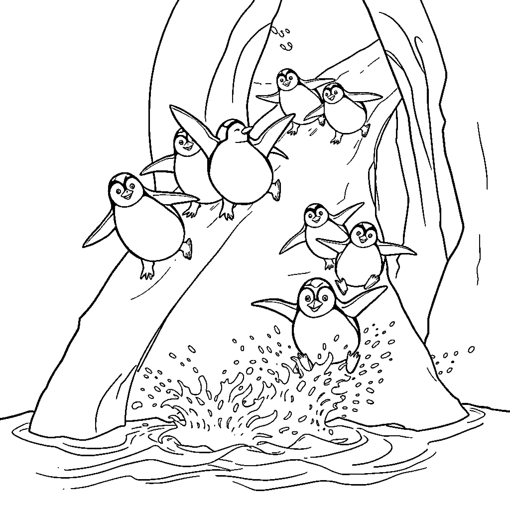 Penguin group playing in a snowy scene Coloring Page (free black-and-white line drawing printable PDF for all, from beginners to advanced learners, including children, teens, adults, and seniors)
