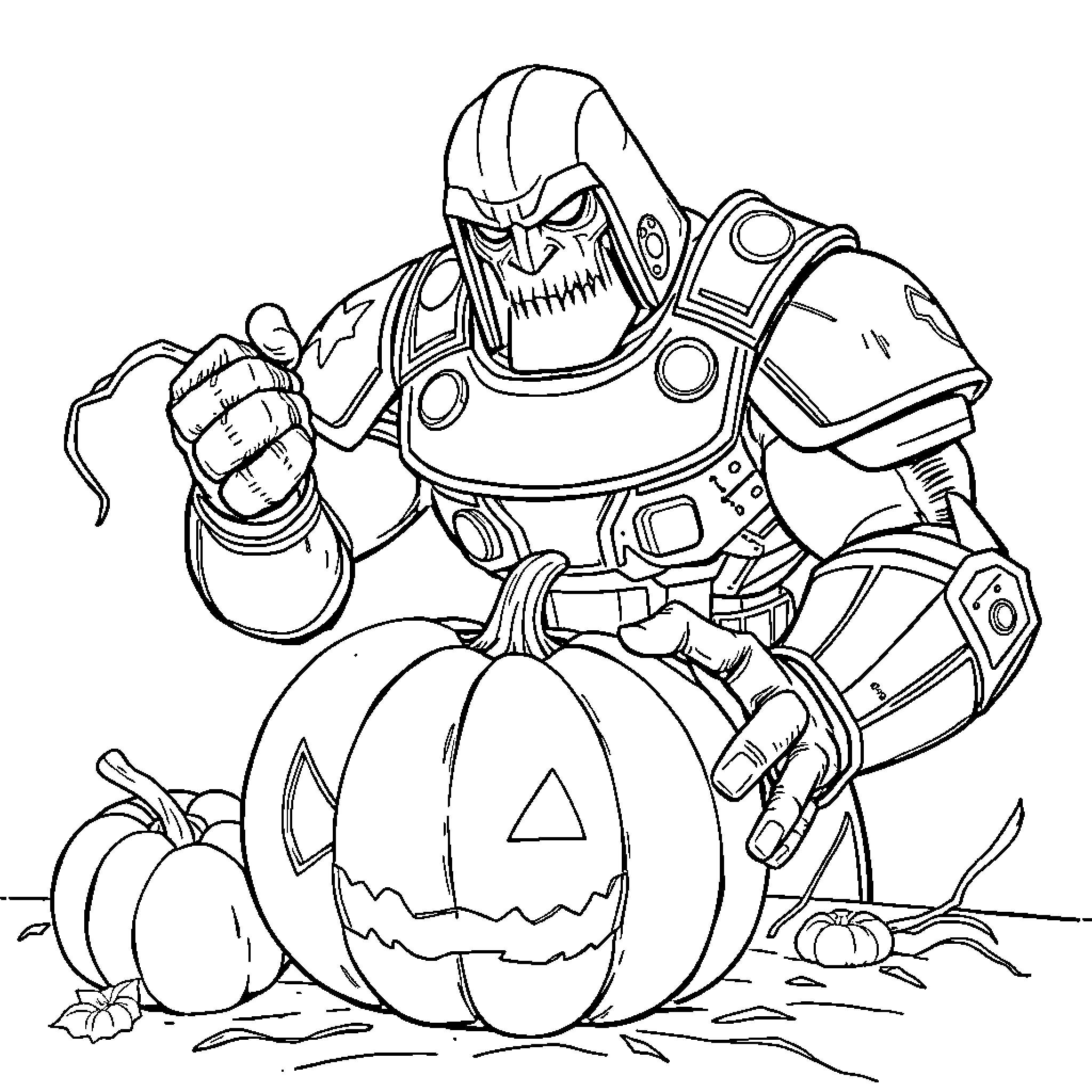 Doom Guy readies for Halloween mischief Coloring Page (free black-and-white line drawing printable PDF for all, from beginners to advanced learners, including children, teens, adults, and seniors)