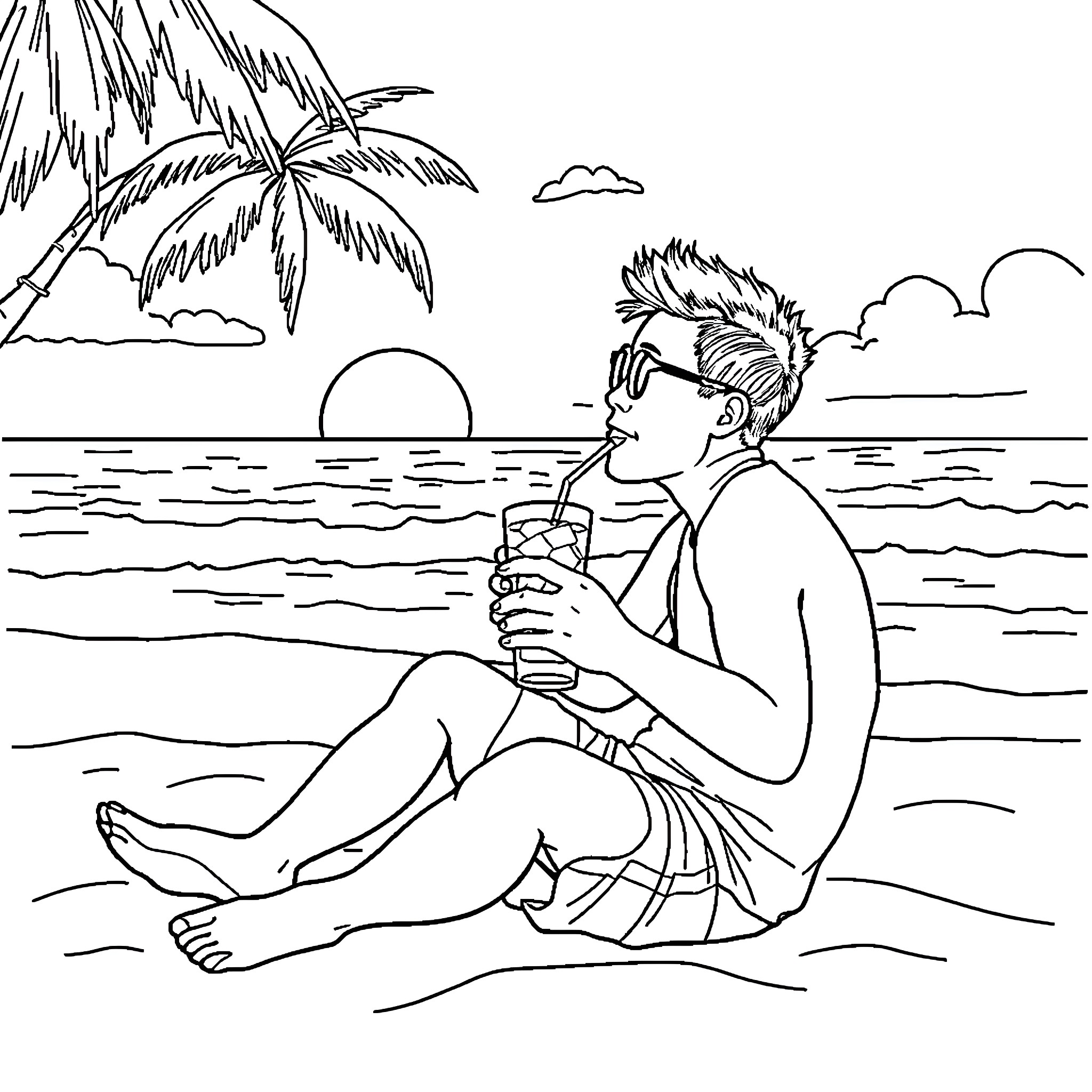 Tung Tung relaxing on the beach with a refreshing drink Coloring Page (free black-and-white line drawing printable PDF for all, from beginners to advanced learners, including children, teens, adults, and seniors)