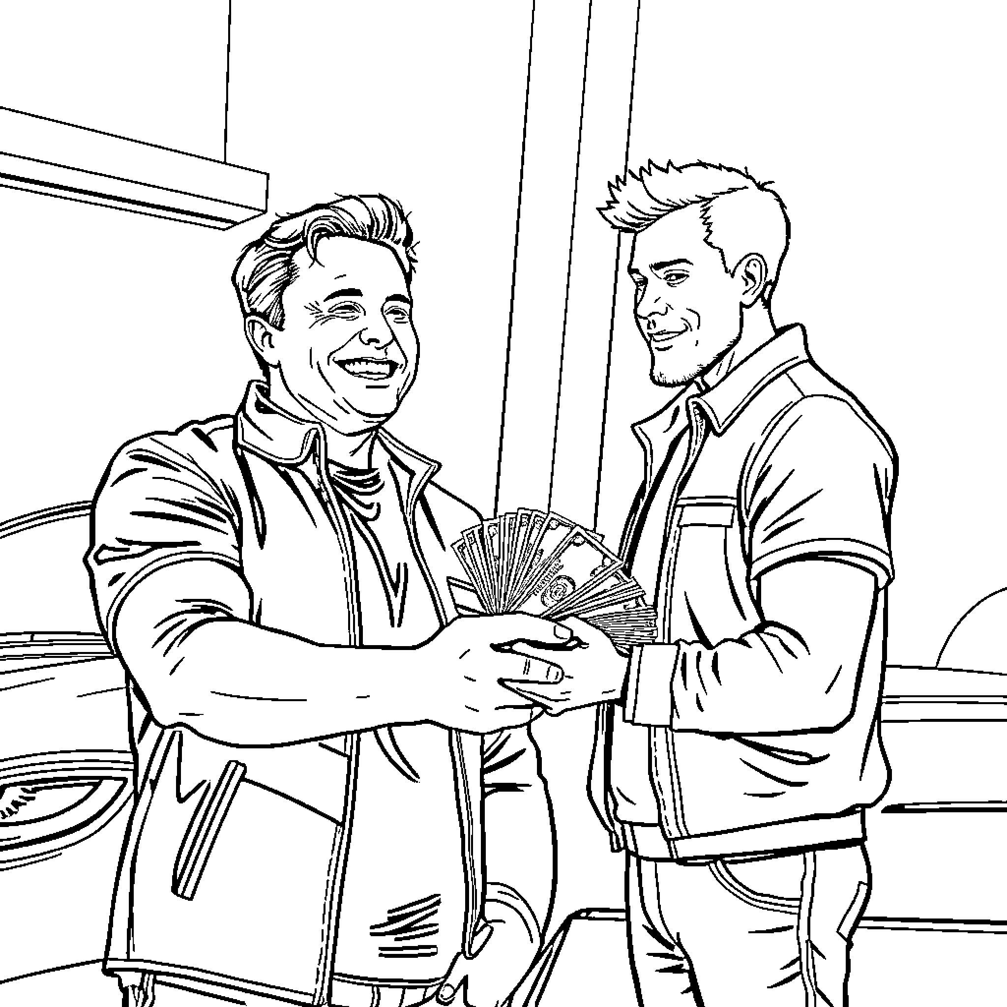 Elon Musk in a friendly conversation with a man Coloring Page (free black-and-white line drawing printable PDF for all, from beginners to advanced learners, including children, teens, adults, and seniors)