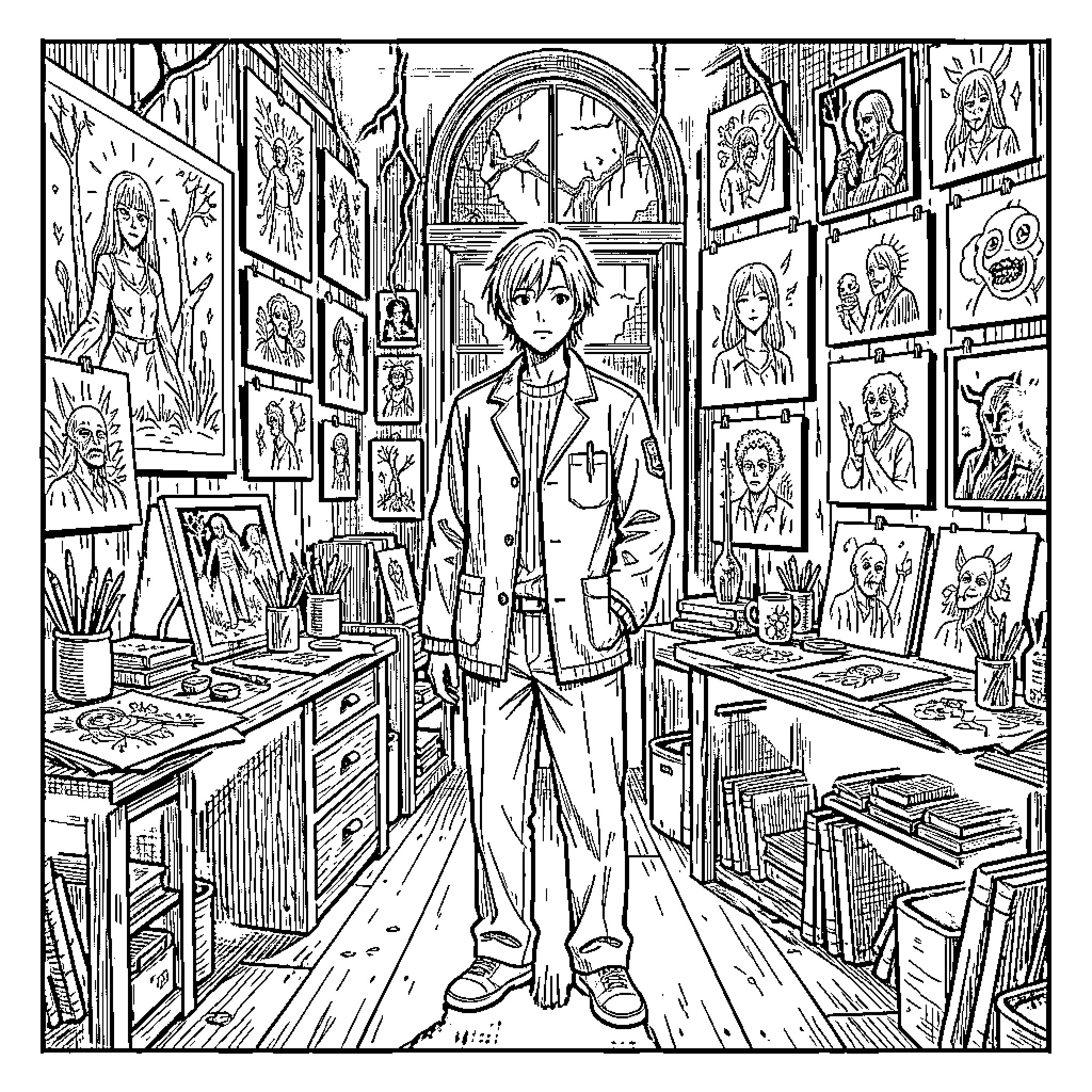 Jinji Ito standing in an art studio surrounded by paintings Coloring Page (free black-and-white line drawing printable PDF for all, from beginners to advanced learners, including children, teens, adults, and seniors)
